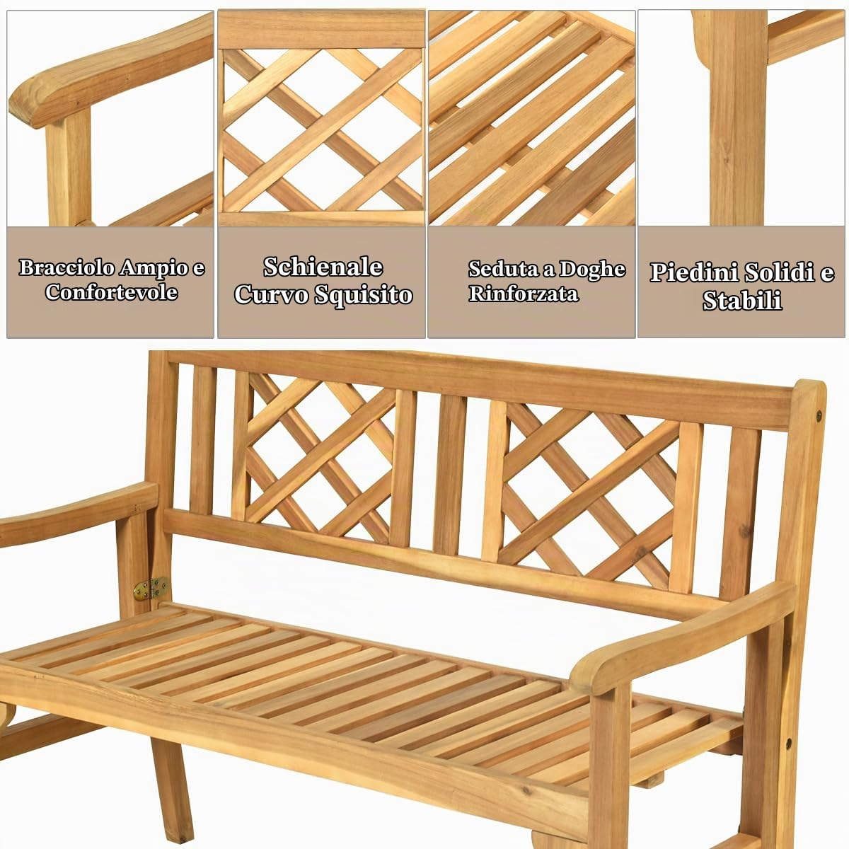 KOMFOTTEU Panchina Pieghevole da Esterno in Legno di Acacia, Carico 320kg | Panca da Giardino Portatile a 2 Posti, per Terrazzo, Balcone, Giardino