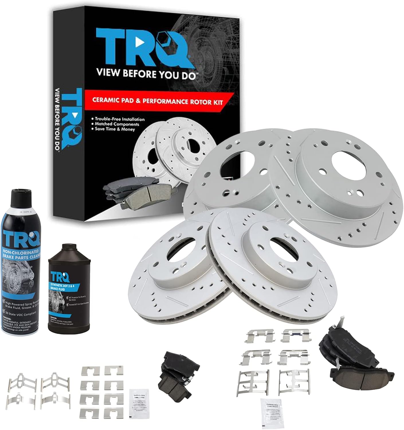 TRQ Front and Rear Performance Brake Pad & Rotor Kit Brake Chemical Kit Brake Pads Brake Rotors Set Ceramic Premium G-Coated Compatible with 1998-2002 Honda Accord