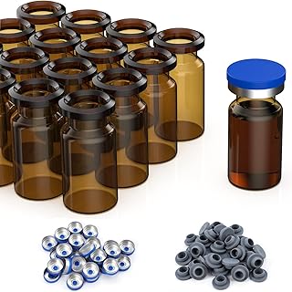 100 Pack 10ml Glass Vials, Amber Glass Headspace Vials with Plastic-Aluminum Flip Off Caps and Rubber Stoppers, 20mm Flat Bottom Lab Crimp Top Vial for Injection