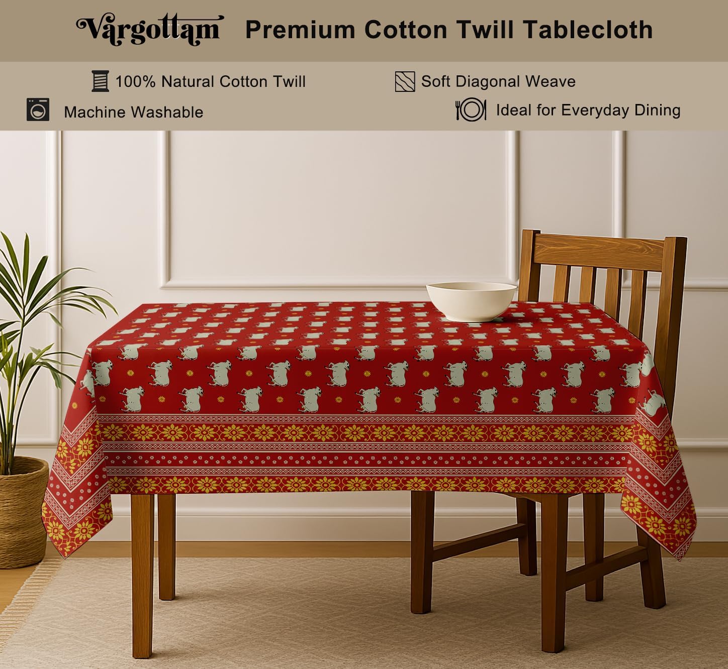 Animal Design Tablecloth - Red 60x60 Inch Cotton Twill Dining Table Cover, Perfect for 4 Seater Tables, Durable, Protective & Washable, Ideal for Everyday Use, Festive Occasions & Gatherings