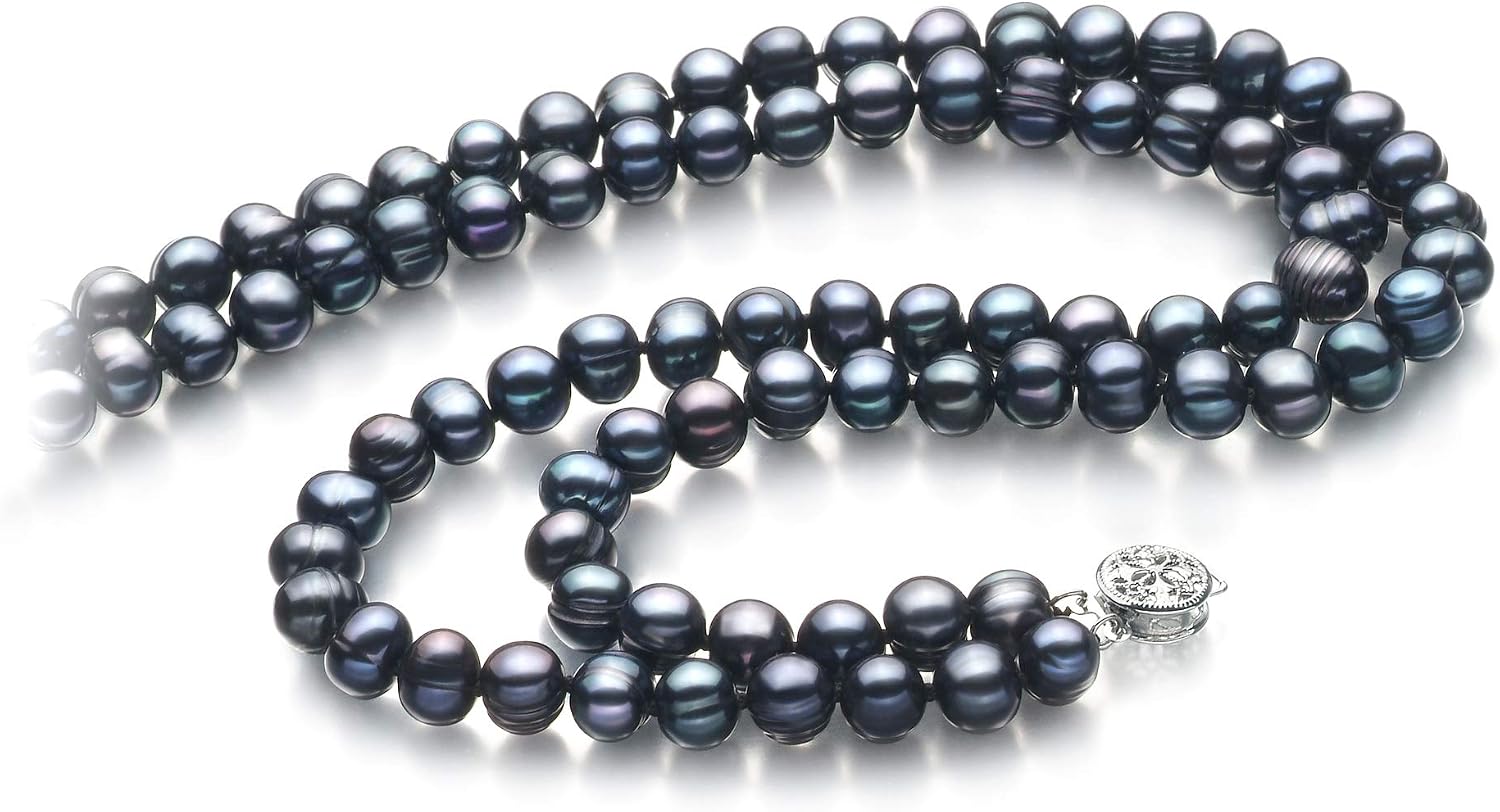 Eliana Black 6-7mm Double Strand A Quality Freshwater 925 Sterling Silver Cultured Pearl Necklace