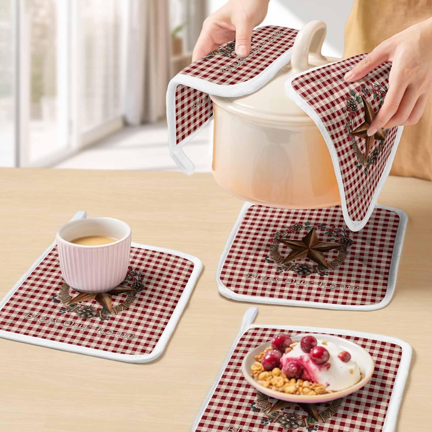 5 Pack Pot Holders for Kitchen, Star Plaid Hot Pads for Kitchen Countertops Oven Pot Holder Bulk, Vintage American Country Berry Red Brown Heat Insulation Potholders with Hanging Loops