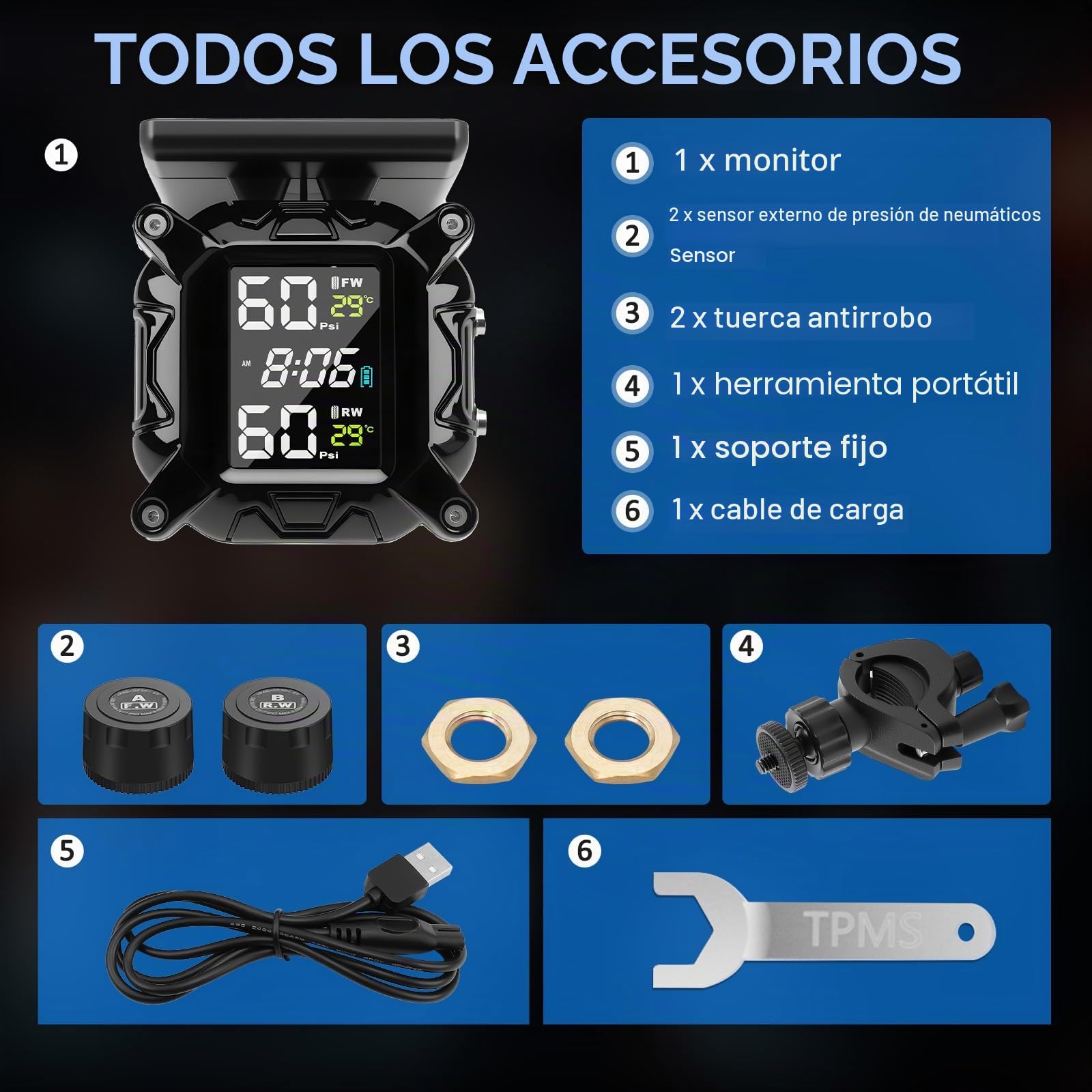 Sistema de monitoreo de presión de neumáticos TPMS para motocicleta, sensor de presión de neumáticos inalámbrico, 5 modos de alarma, carga magnética USB/solar, diseño impermeable IP67, con 2
