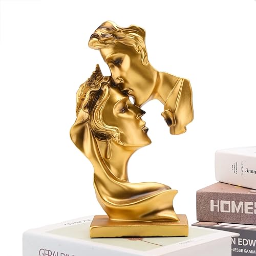 Miniatura 4 de BRABUD Hombre Kiss Mujer Frente Mano Estatua Resina Pareja Beso Escultura 9.8 pulgadas (H) Decoración de estantería moderna creativa Decoración Oro
