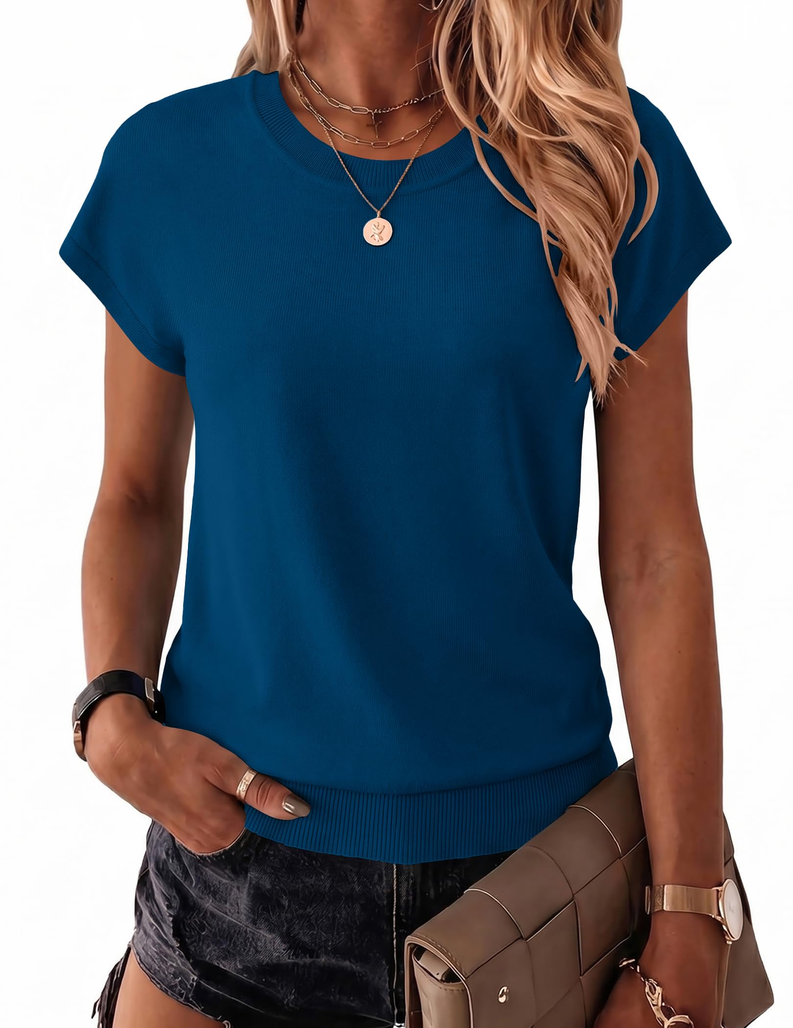 Womens Summer Short Sleeve Tops Crew Neck Pullover Sweaters Cap Sleeve Loose Dressy Casual Blouse Basic Clothes-image-41