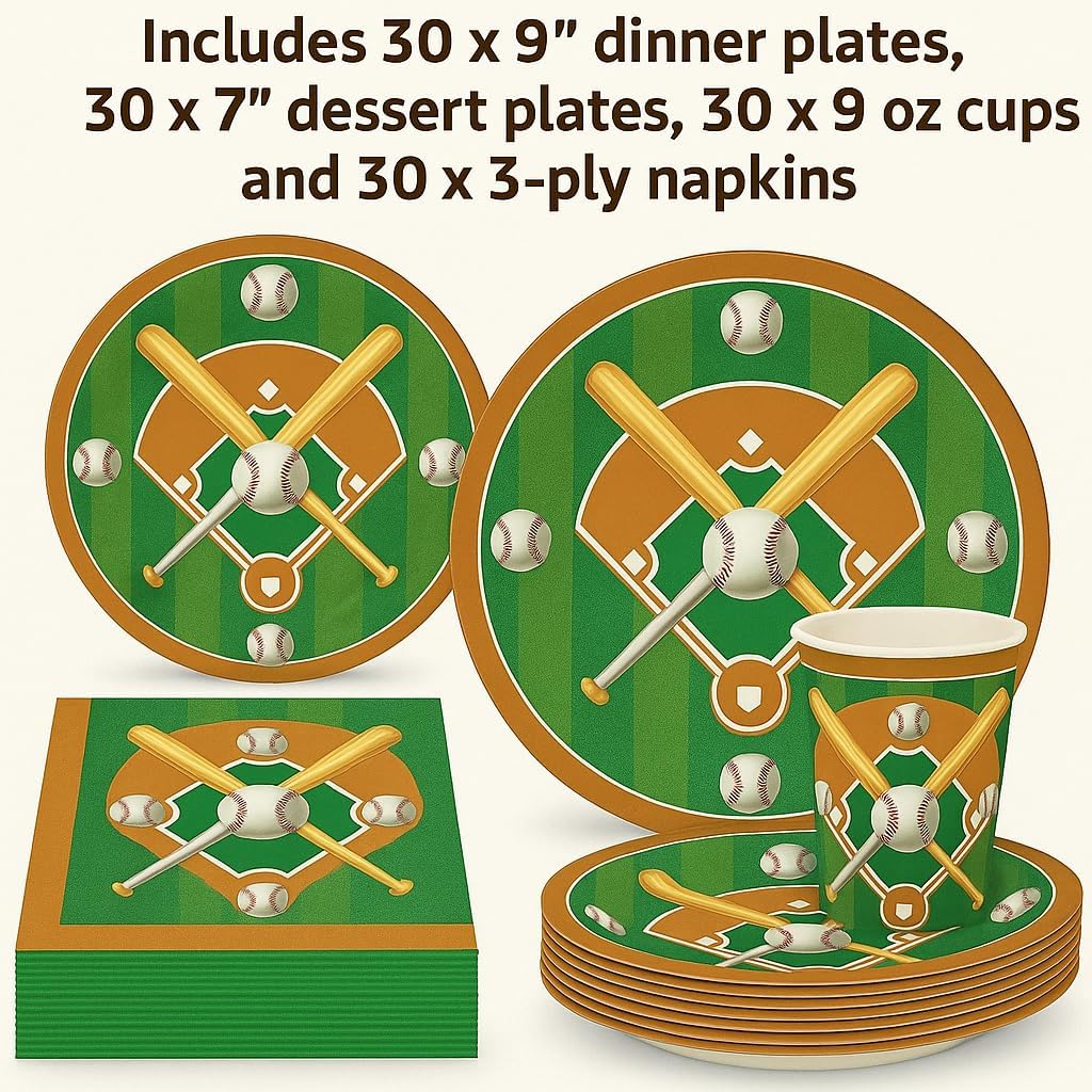 Oojami Baseball Party Supplies - 120 Piece Complete Set for 30 Guests - 9" Dinner Plates, 7" Dessert Plates, 9oz Cups & 3-Ply Napkins