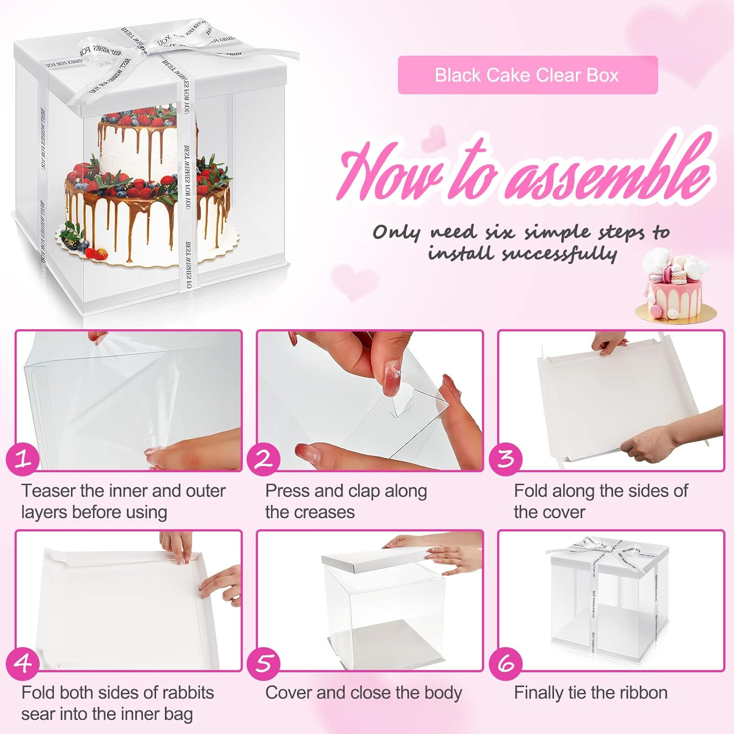 Taiyin 9 Pcs Large Tall Clear Cake Box 10''x10''x9'' White PET Gift Box with Ribbon and Pre Folded Lid for 8'' Cake Bakery Pastries Baking Display Birthday Wedding Party