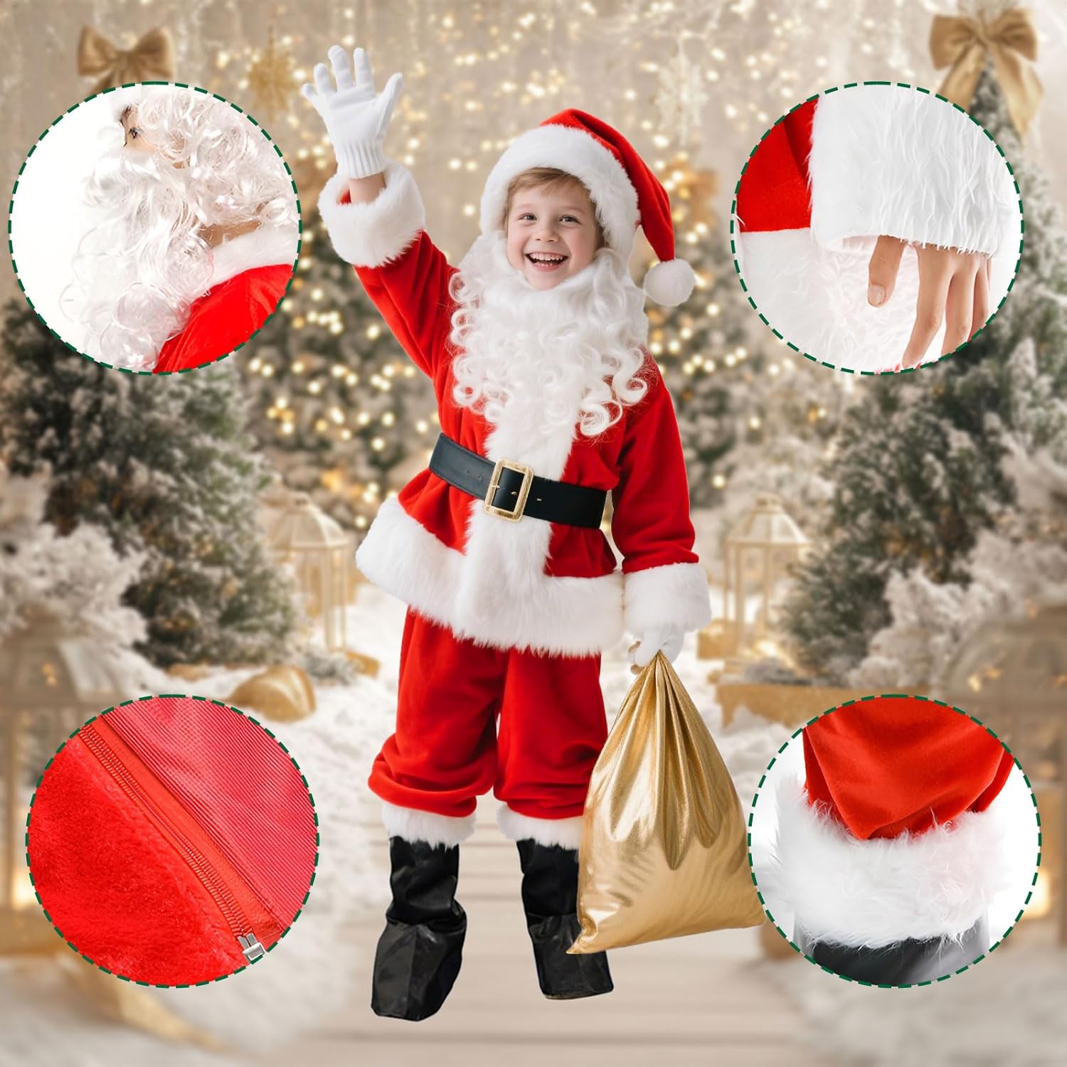 Kids Santa Costume 9PCS Boys Santa Suit Youth Santa Claus Costume Santa Outfit for Halloween Christmas Cosplay Party
