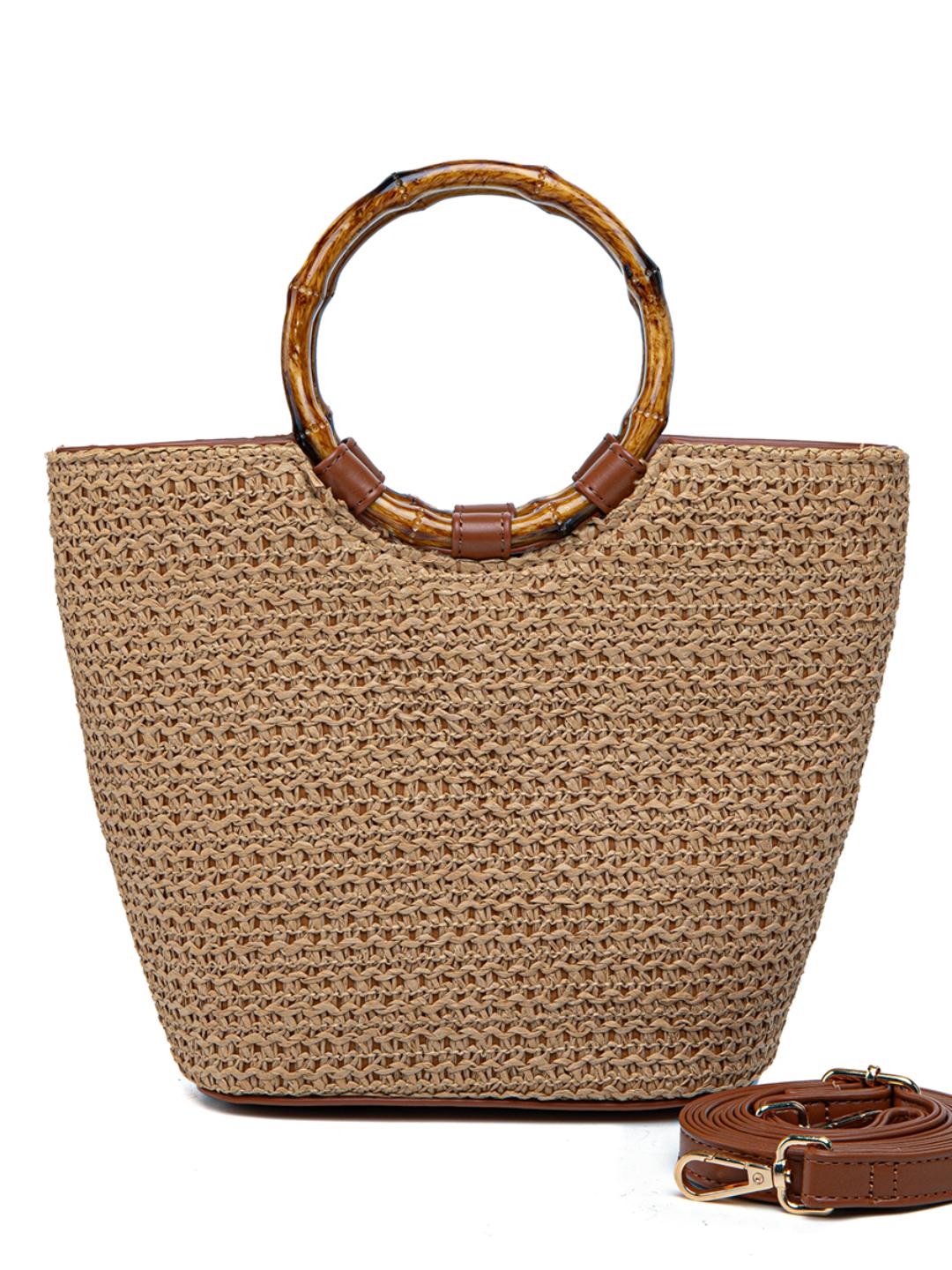 Bolso tote grande de rattan para mujer miniatura 5