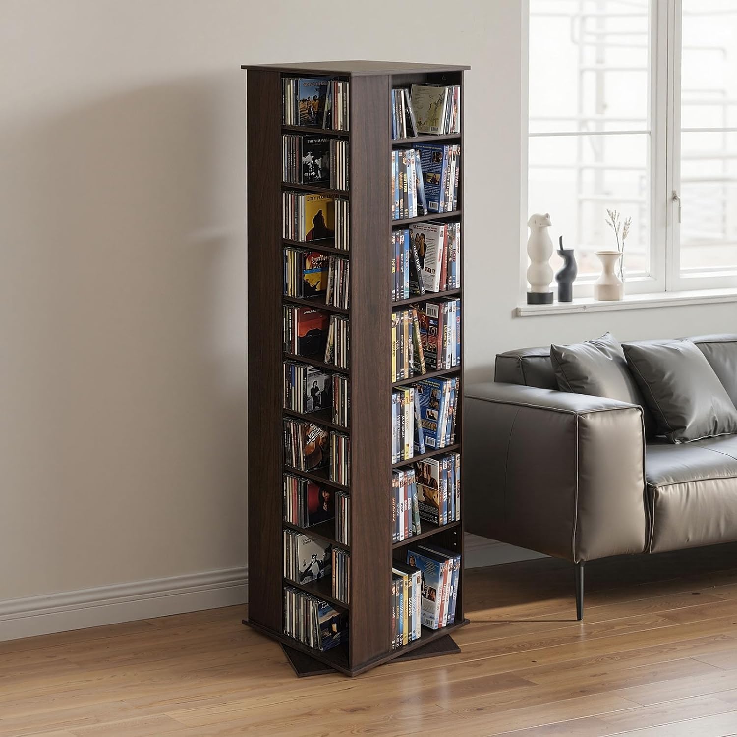 VEVOR Media Storage Cabinet, CD Rack Tower, 34 Compartments Rotating Media Tower Rack for CDs, DVDs, Books and Game Discs, DVD Stand for Living Room, Home Office and Recording Room, Brown