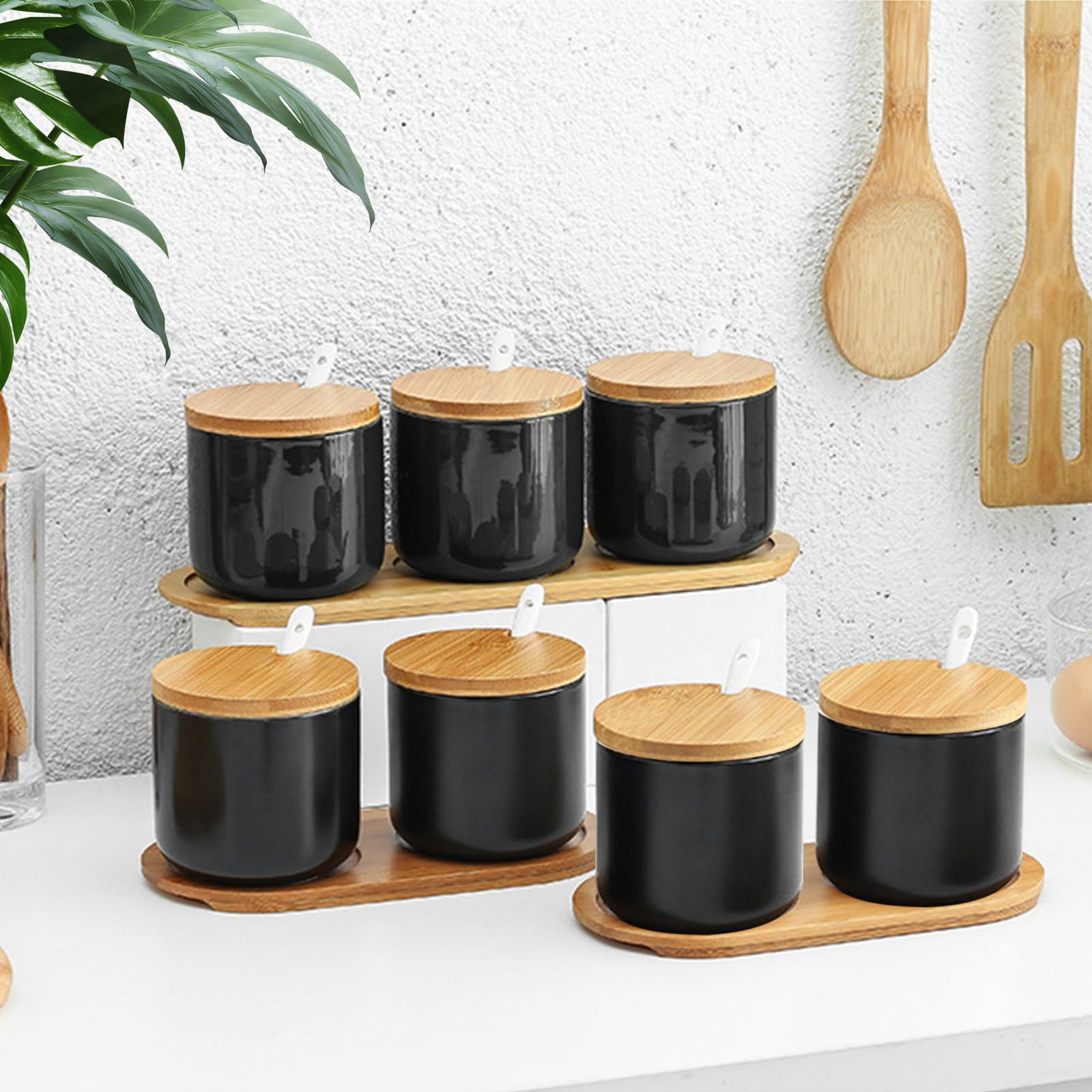 SHUESS 2er Set Gewürzdosen Keramik Schwarz - 250ml Salzdose mit Deckel und Löffel, edle Zuckerdose, Keramikdose mit Deckel auf Gewürzgläser Salztopf, Zutatenbehälter für Tee Zucker Salz Gewürze