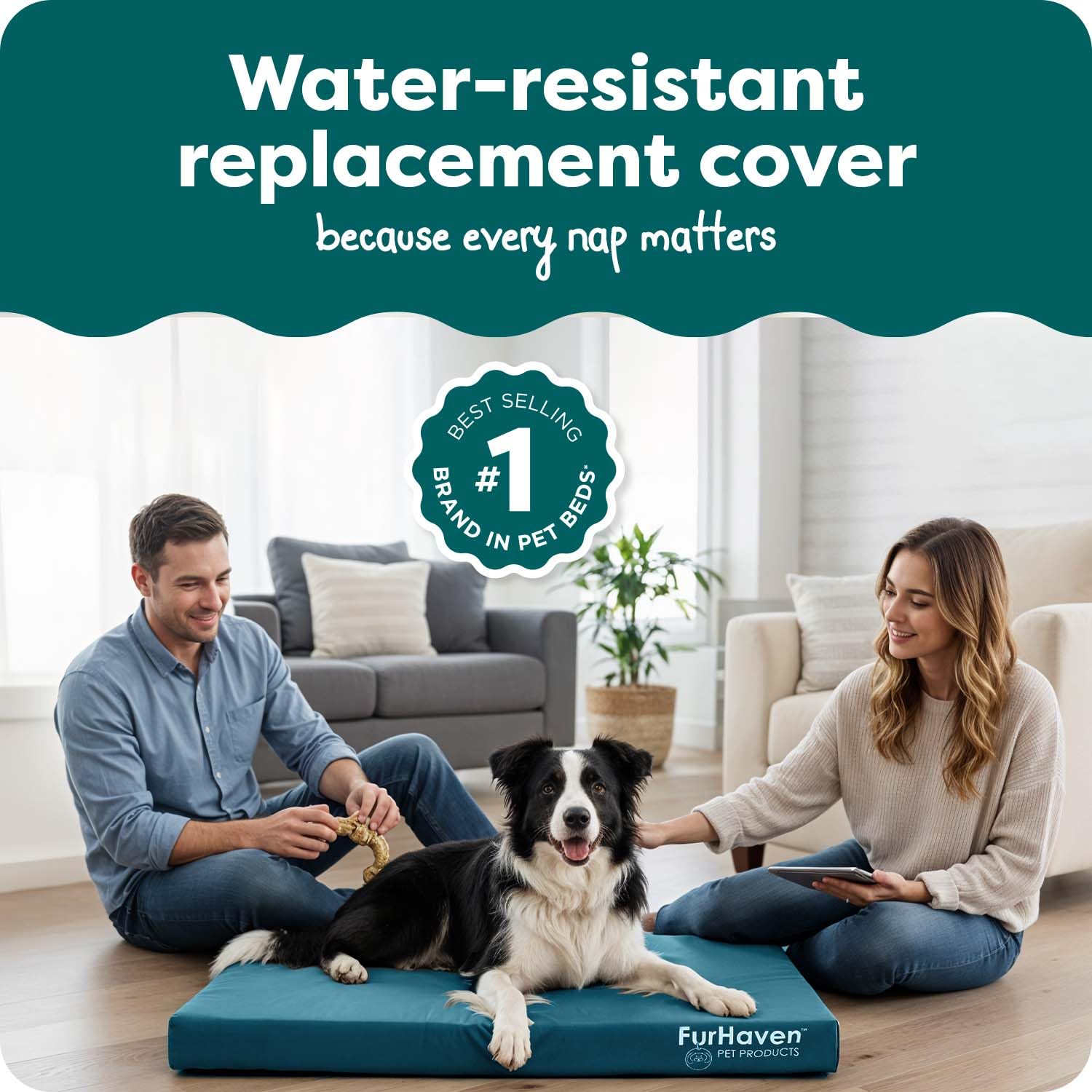Furhaven Ersatz-Hundebettbezug, wasserabweisend, für drinnen und draußen, Logo-Druck, Oxford-Polycanvas-Matratze, waschbar, Deep Lagoon, Größe L