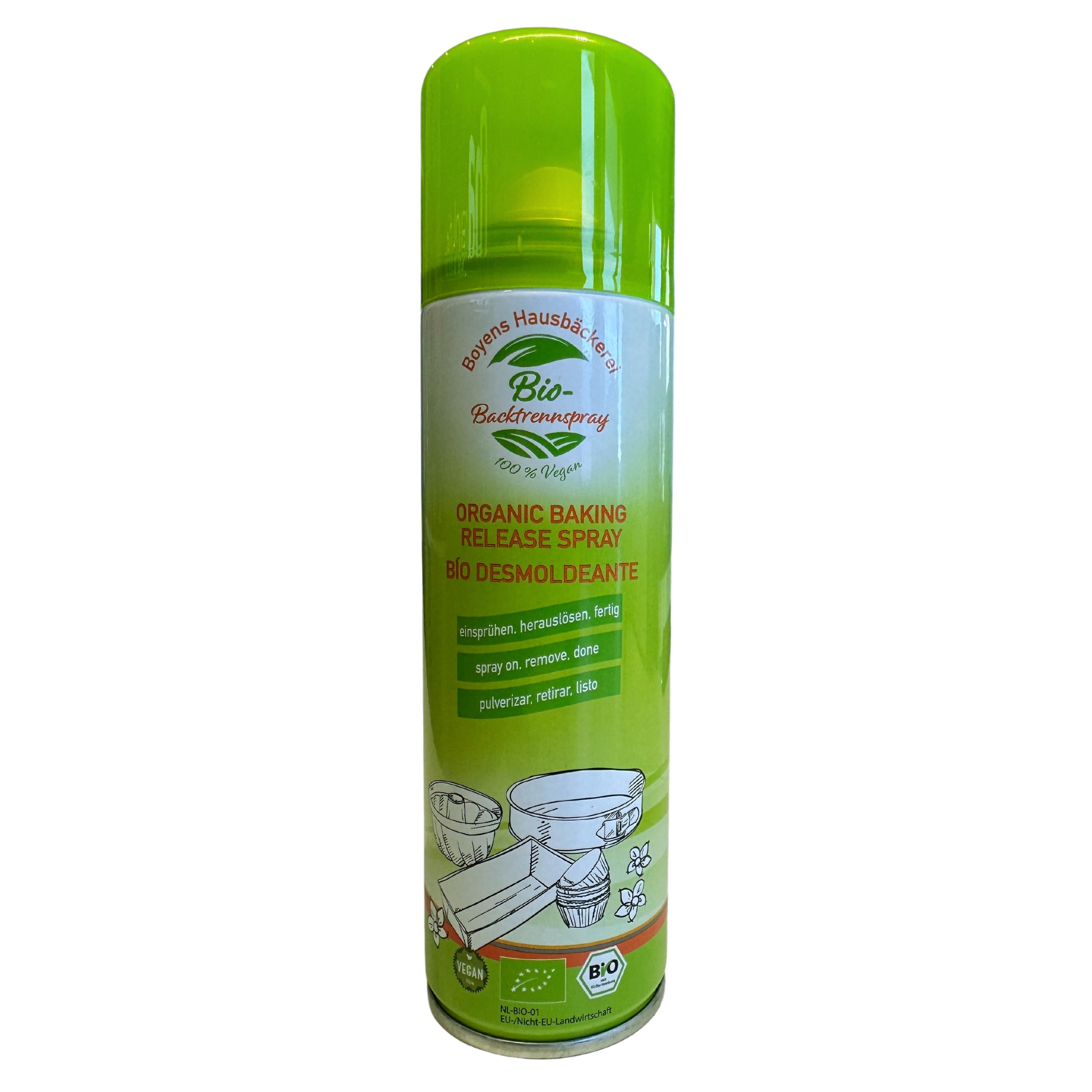 Boyens Bio Backtrennspray - 250ml - 100% veganes Trennspray zum backen, braten & kochen - Einsprühen von Backformen, Silikonformen, Waffeleisen, Sandwich Maker, Pfannen