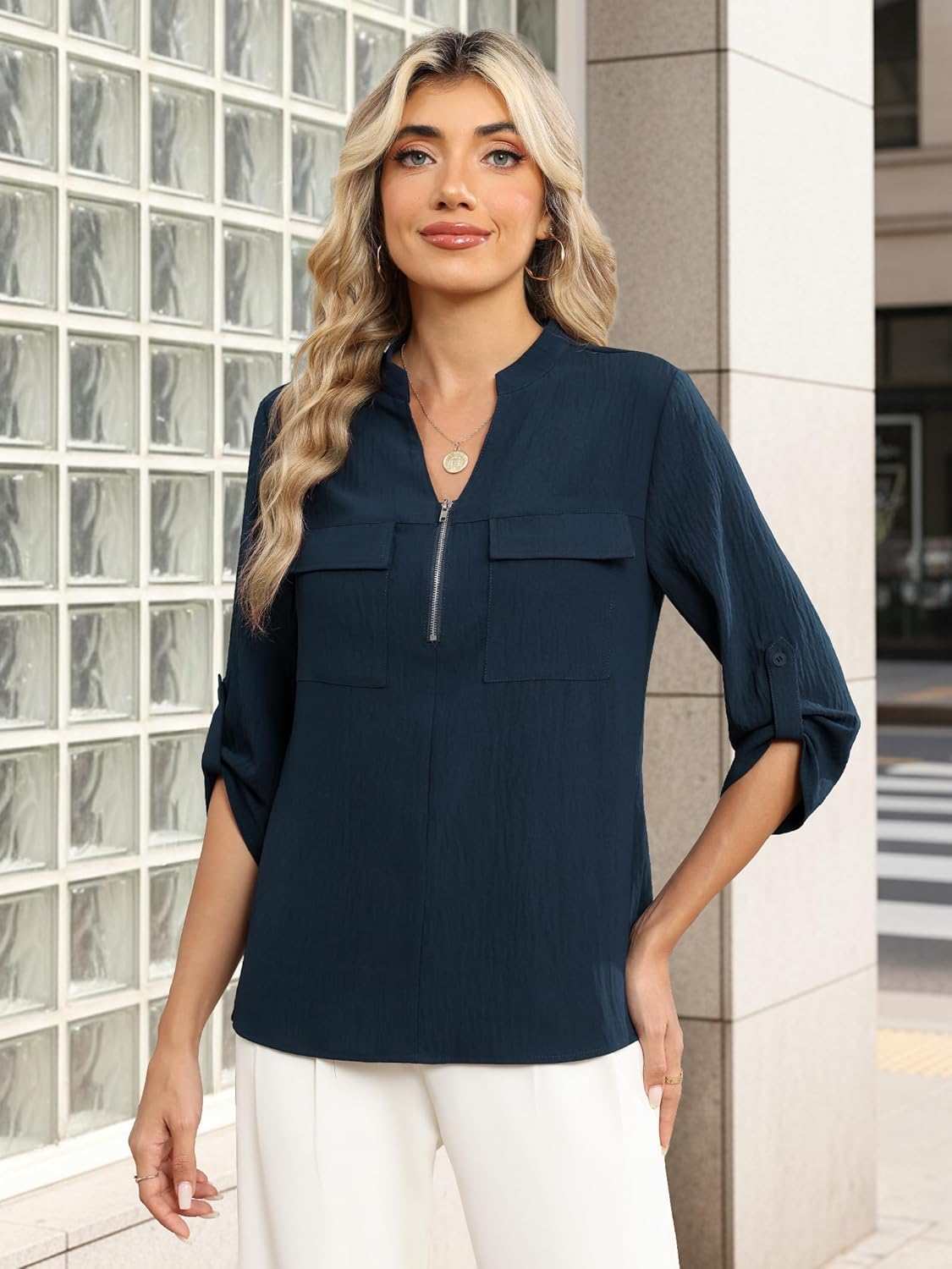 Funlingo Women's 3/4 Length Sleeve Tops Business Casual Blouses Zip Front V Neck Work Shirts Loose Fit Tunic Tops 2026 - Image 2