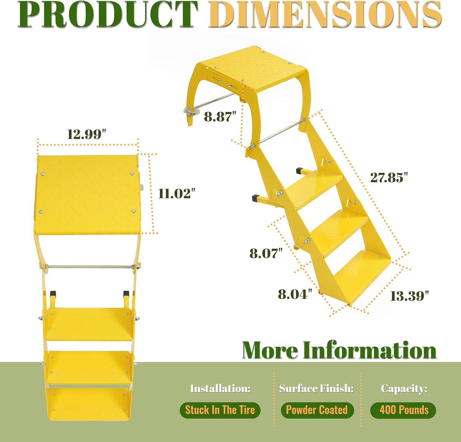 Heavy Duty Tire Step for Truck Non-Slip Surface,10" to 11-1/2" Tread Width Easy to Install and Adjust Yellow Powder Coated