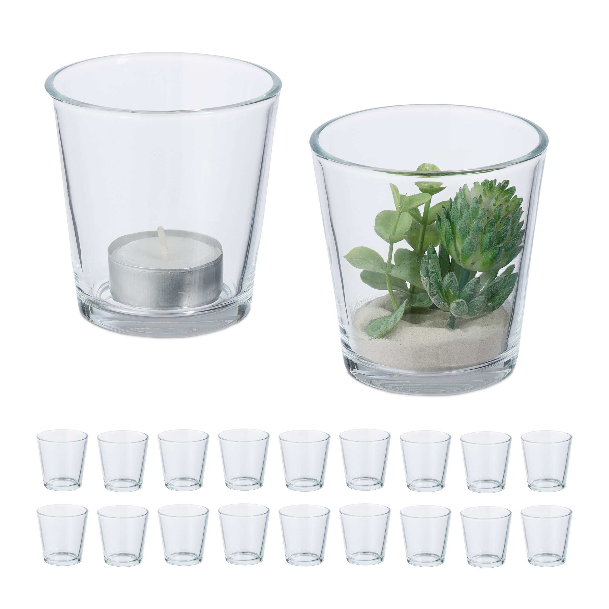 Relaxdays Photophores en Verre, Lot de 20, HxD : 7,5 x 7,5 cm, décoration de Table, Porte-Bougies, Transparents