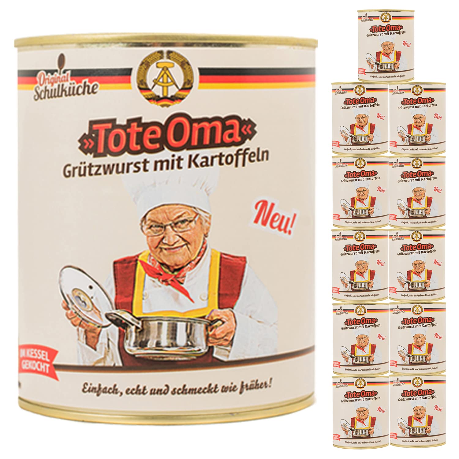 Schulküche 12x Tote Oma - Grützwurst mit Kartoffeln - DDR Fertiggericht | Original DDR Rezeptur ohne künstliche Zusätze, handgemacht im Kessel, inkl. Kochbuch & Grußkarte für Ostalgie Fans