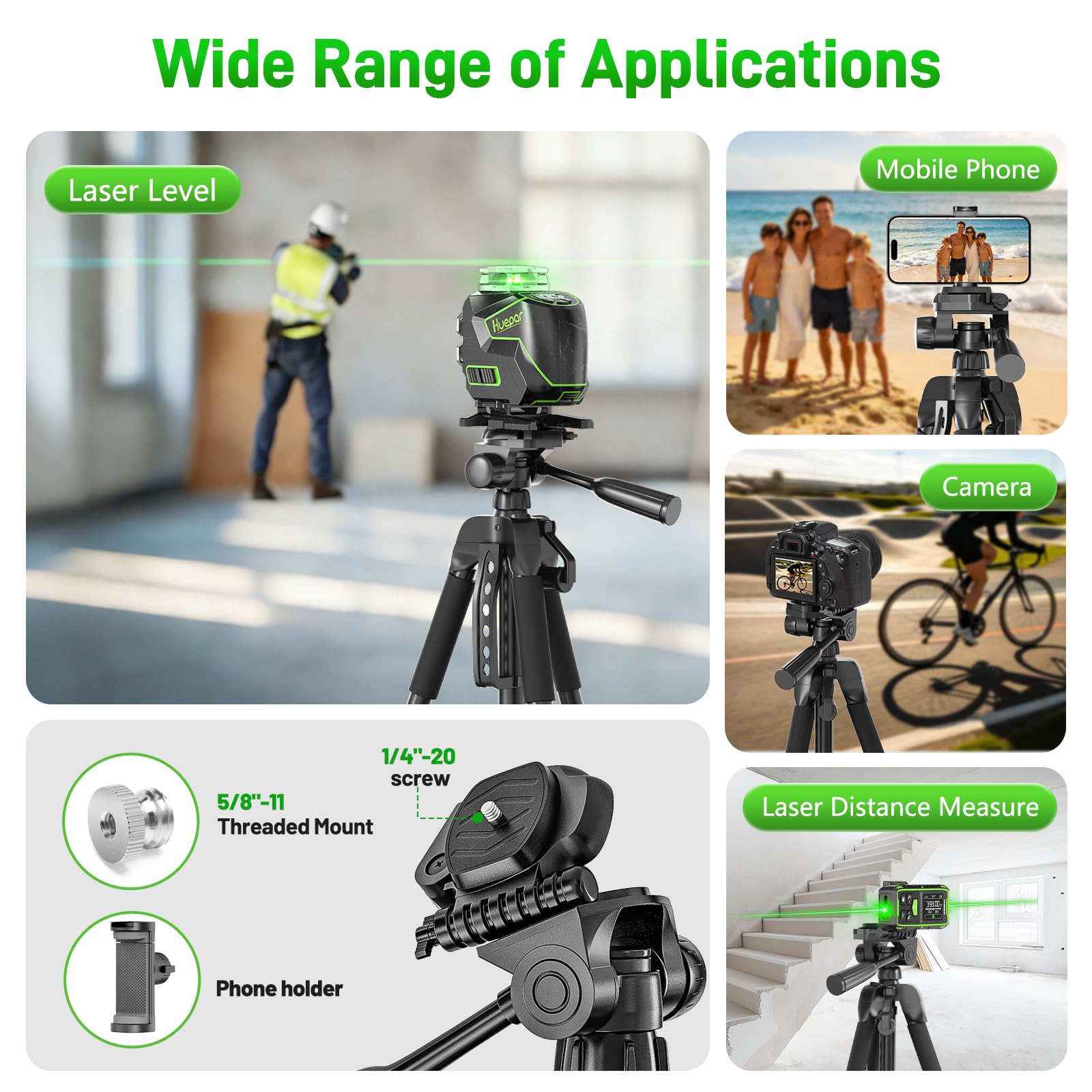 Huepar TPD14A1 150cm Trépied Réglable Portable pour Niveau Laser, avec Tête Panoramique Flexible 3-Voies et Niveau à Bulle,Support pour téléphone avec Vis 1/4"-20 et Écrou d'adaptation 5/8"-11