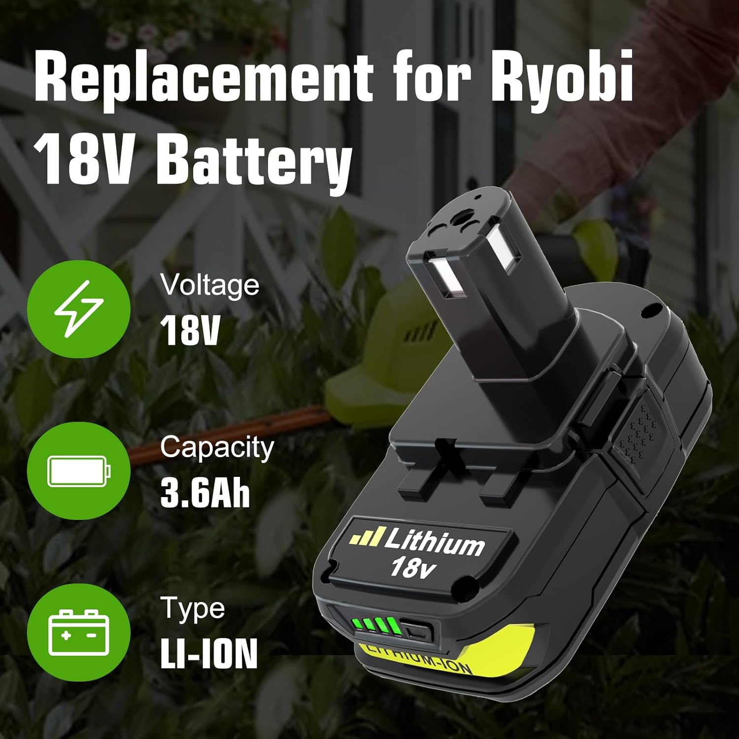 2 Packs 3.6Ah 18 Volt High Capacity Replacement for Ryobi 18V Battery 3600mAh, Compatible with Ryobi 18 Volt Lithium ion Battery P108 P107 P105 P104 P103 P102 Cordless Power Battery Tools (Green) - Image 2