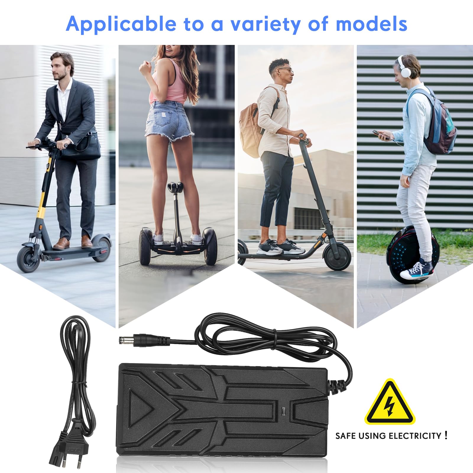 42V 2A Caricatore Monopattino Elettrico，Caricatore Hoverboard,36V Universale Carricatore batterie litio con 6 Connettori，Carica rapido per Hoverboard, Bici Equilibrata, Drifting Board,E-Bike
