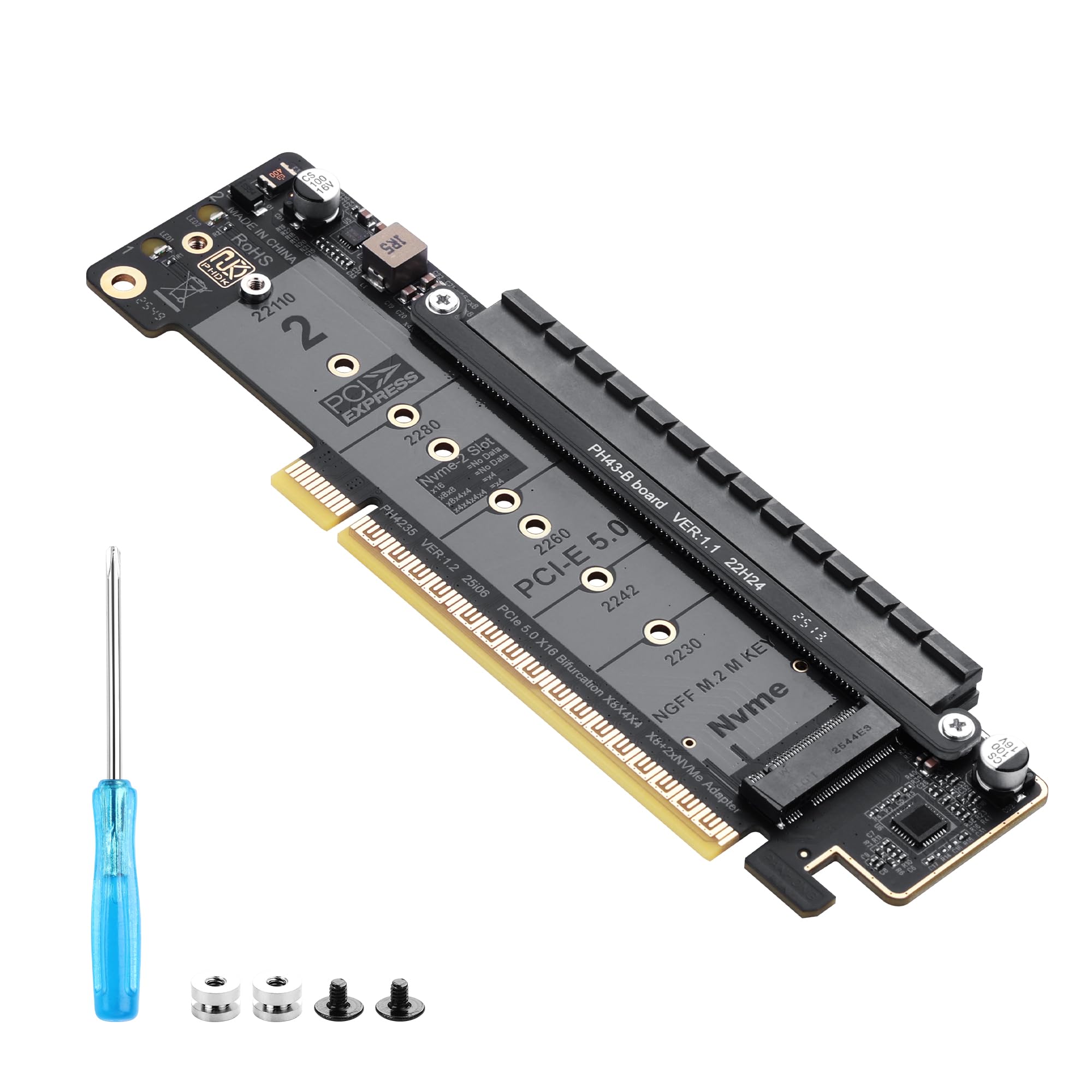 SinLoon PCIe 5.0 X16 karta rozszerzająca, karta PCIe Bifurcation Riser, dzieli slot X16 na X8+X4+X4, obsługuje NVMe M.2 SSD i Low-Profile GPU, kompatybilna z dyskami 22110/2280, z diodami LED do C