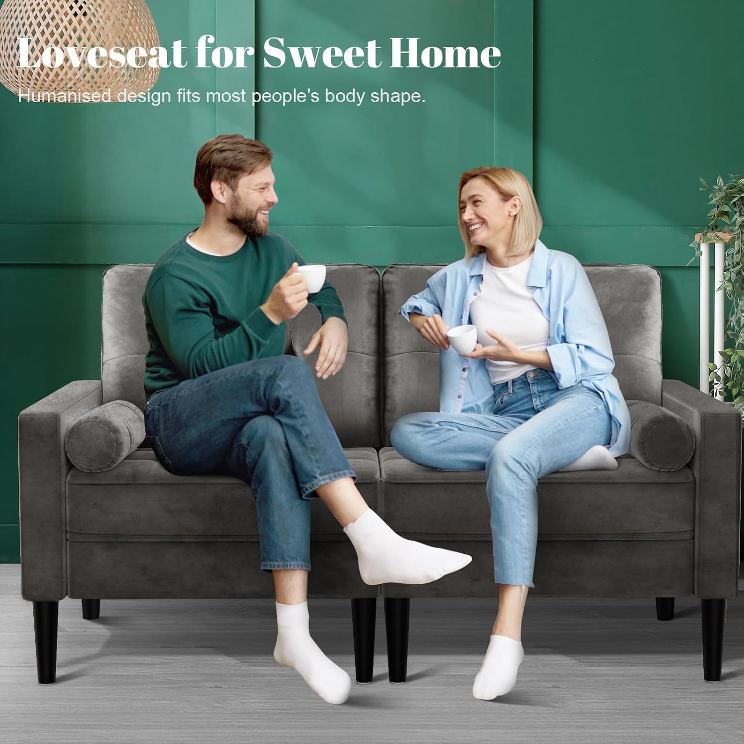 Sofá 2 Plazas, Cojín Cómodo, 2 Almohadas (Gris sólido) | Sofá Moderno de Terciopelo con 2 Almohadas y Bolsillos Laterales para Salón, Apartamento y Dormitorio, Fácil de Montar