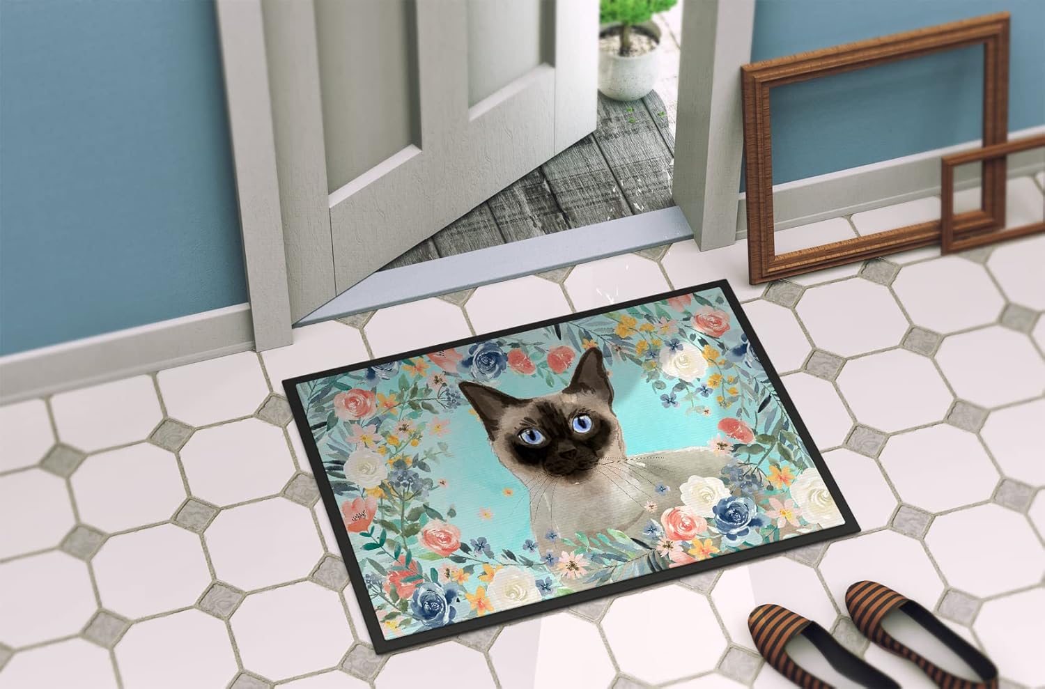 Caroline's Treasures CK3398MAT Siamese Spring Flowers Doormat 18x27 Front Door Mat Indoor Outdoor Rugs for Entryway, Non Slip Washable Low Pile, 18H X 27W
