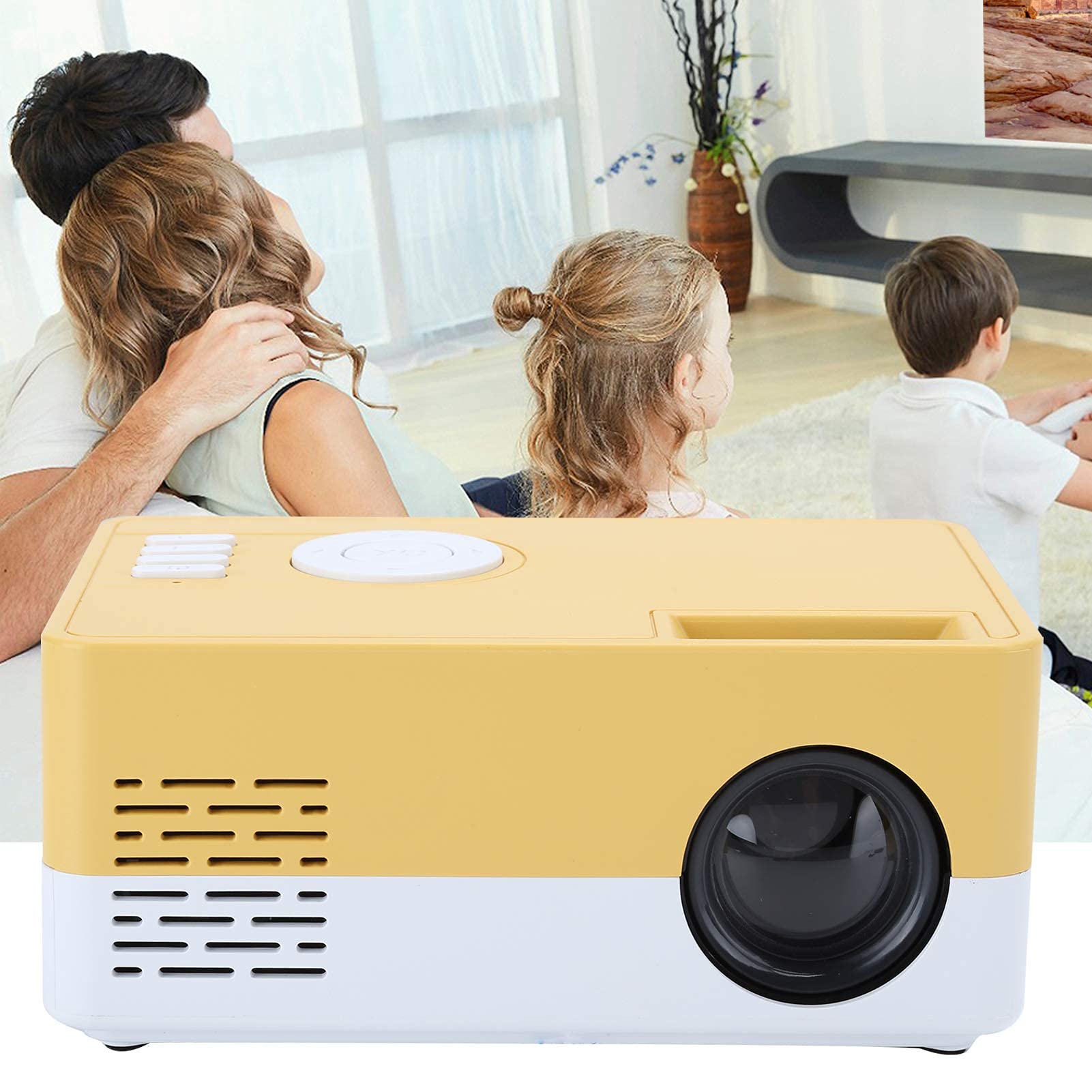 Dpofirs Proyector LED de 1800 LX, Mini proyector portátil con proyección de 24-60 Pulgadas, Reproductor Multimedia de Video de Cine en casa de 1920 X 1080p Proyector con Estante(Blanco Amarillo)