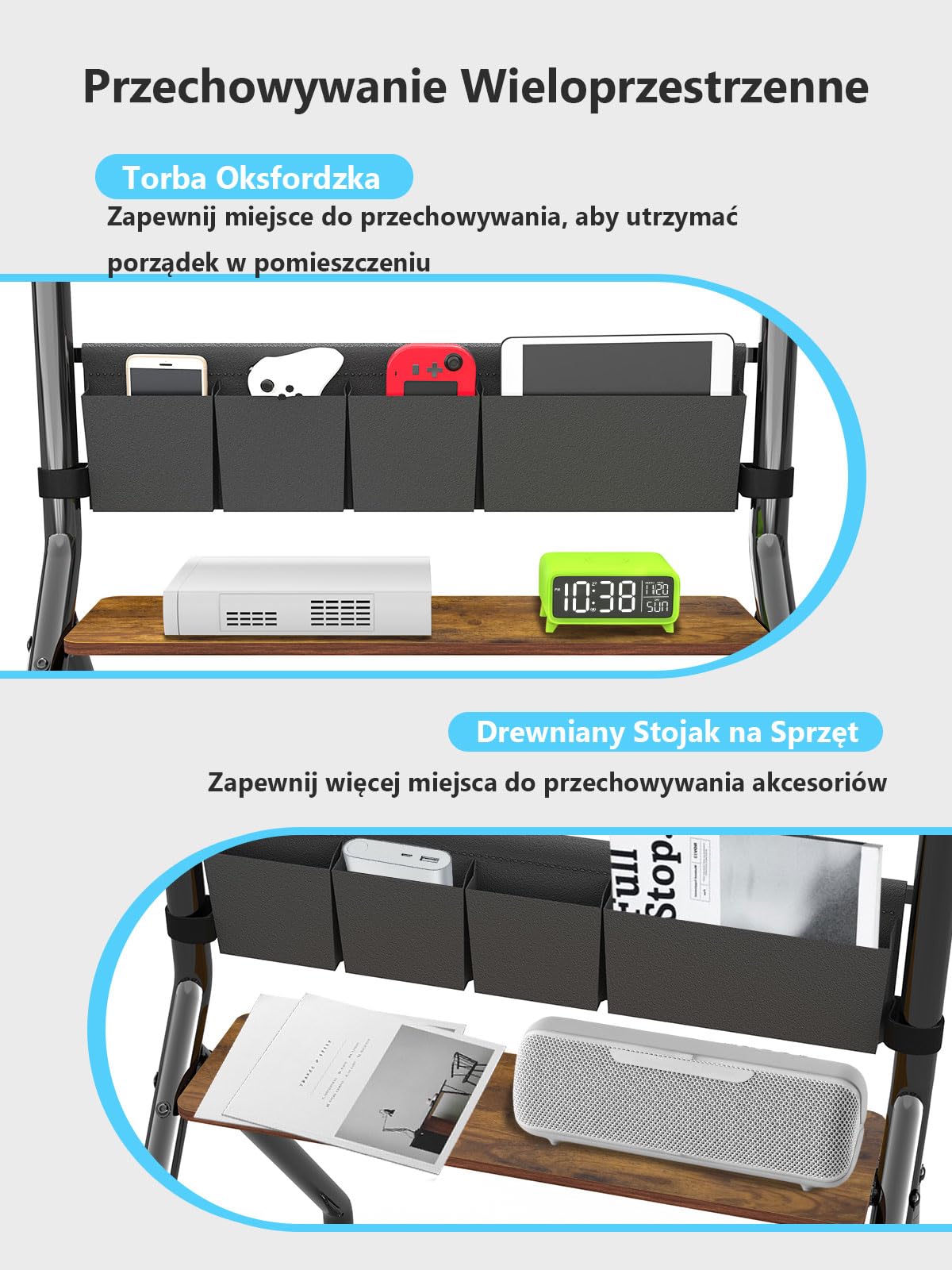 Stojak na telewizor z torbami do przechowywania, antykolizyjny estetyczny design, mobilny wózek na telewizor 32-75 cali, LCD/LED/OLED, płaski/zakrzywiony ekran, mieści do 100 kgregulacja wysokości
