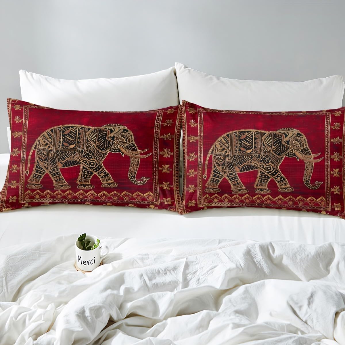 Indian Elephant Duvet Cover Set King Size,Native American Indian Exotic Bedding Set,Boys Girls Room Decor,Psychedelic Bohemia Retro Comforter Cover,Red Trippy Boho Quilt Cover,2 Pillowcases(No Filler)