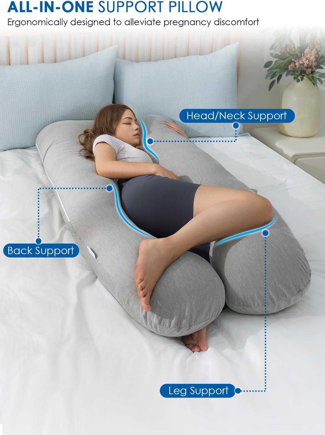 QUEEN ROSE Pregnancy Pillows, Cooling Maternity Pillow for Sleeping, 55in U Shaped Body Pillow for Pregnant Support, with Removable Silky Cover, Gray