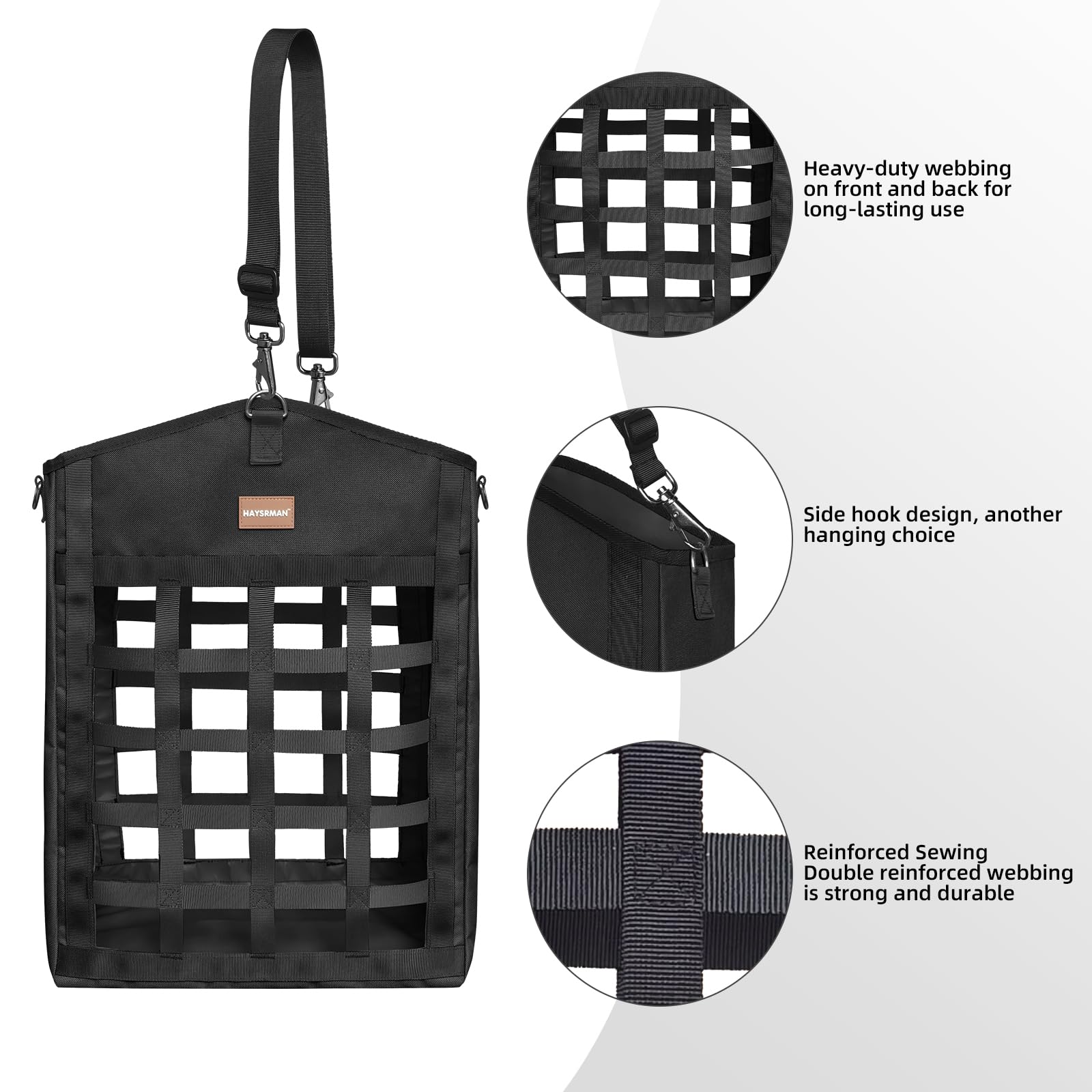 Innovadoras bolsas de heno para caballos, comedero de heno para cabras con tela Oxford reforzada y cierre de metal de alta resistencia, suministros de alimentación para caballos con correa