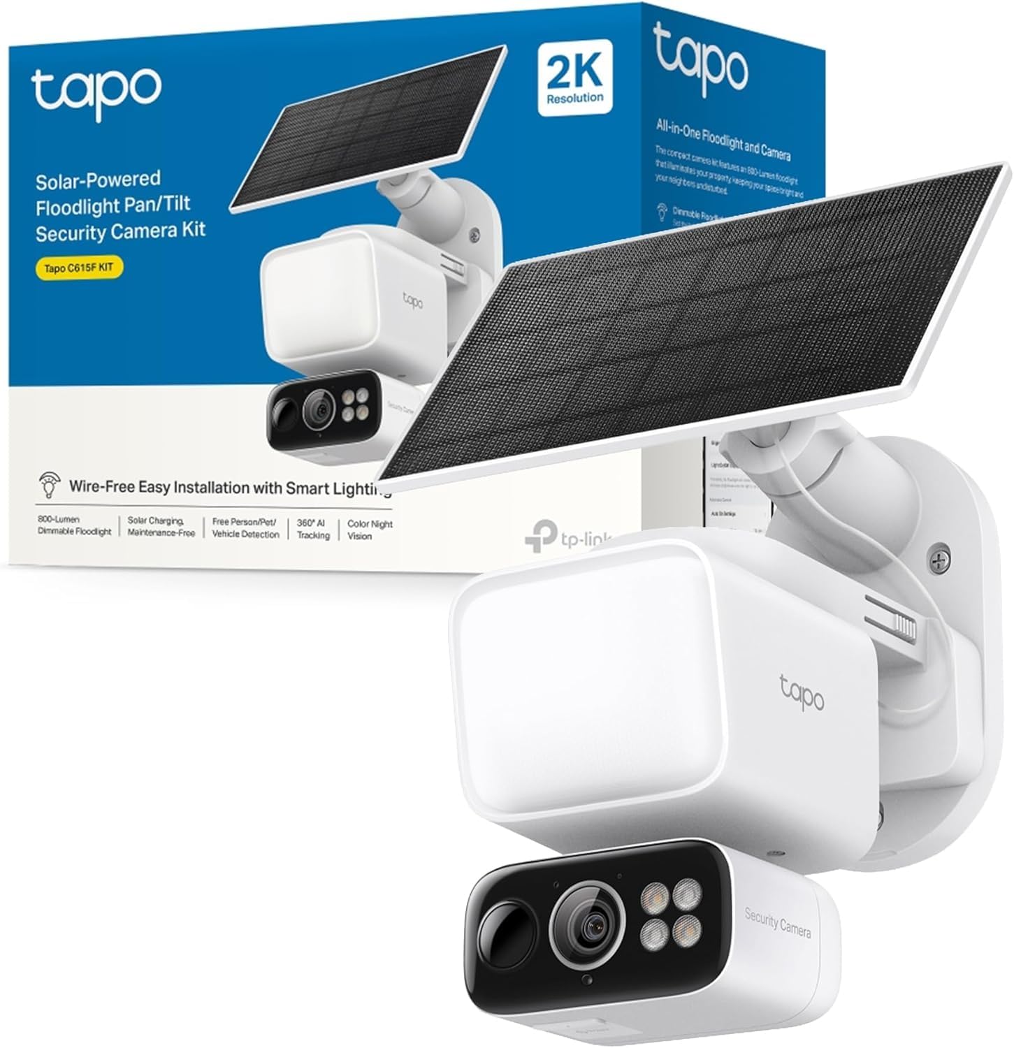 Tapo C615F Kit – Outdoor Surveillance Camera with Solar Panel, 2K 3MP, 360° with Focus 800 LM, Wireless, AI Detection People/Vehicles/Pets, Night Vision Color, Up to 140 Days Battery