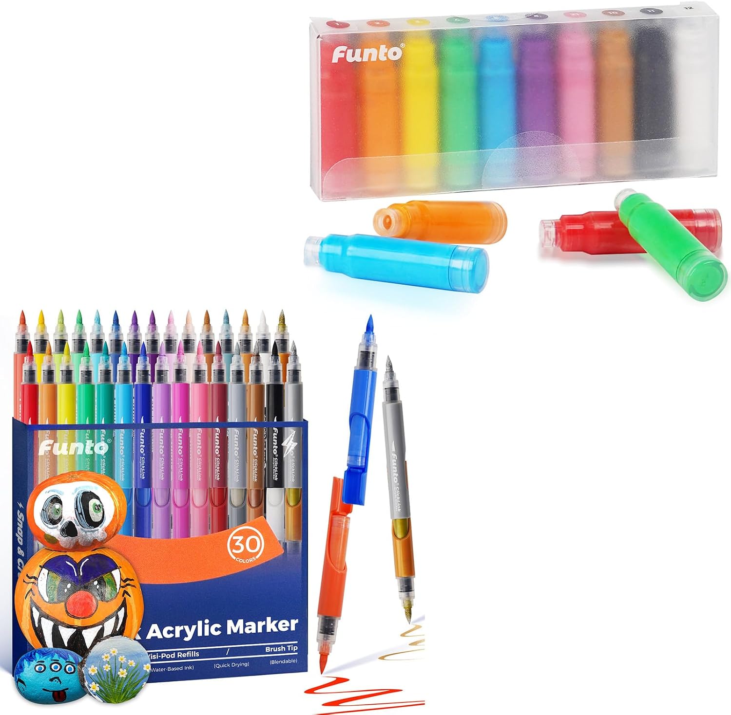Funto 30+10 Acrylic Marker Bundle: 30 Refillable ClickLink Pens + 10 Visi-Pod Ink Refills