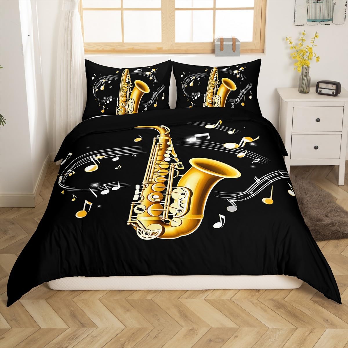 Erosebridal Saxophone Bedding Set Rotating Musical Notes Duvet Cover Musical Instrument Comforter Cover Retro Jazz Music Theme Quilt Cover for Kids Boys Girls with 1 Pillow Case Twin Size Gold Black