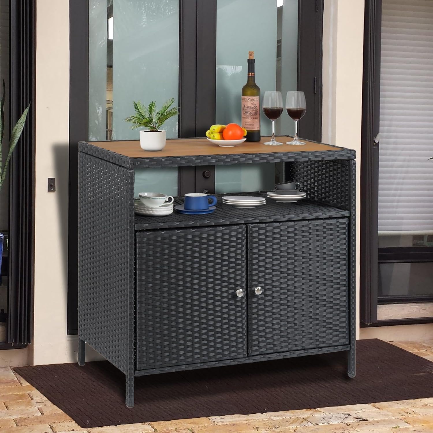 Brown Outdoor Wicker Storage Cabinet - Versatile Patio Bar Table with Spacious Tabletop, Open Shelf, Enclosed Cabinets, Weather-Resistant Durability, Easy Assembly & Convenient Magnetic Closures