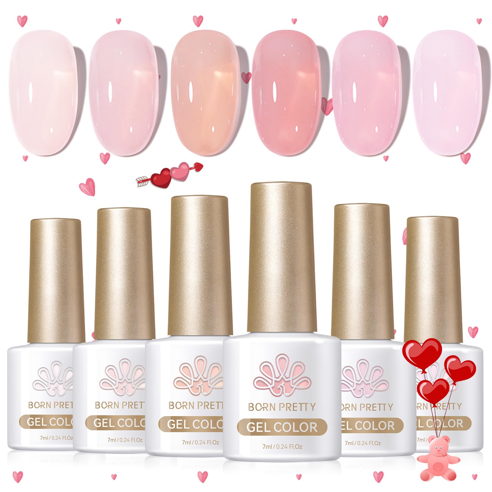 Born Pretty Jelly Pink Gel Nail Polish Nude Pink Sheer Translucent Valentine's Day Gel Polish Milky Natural Gel Polish Set Nail Art Manicure DIY Kit Home Salon 6PCS