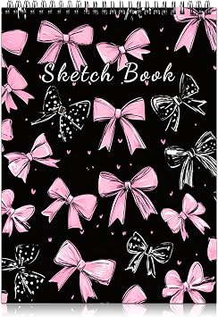Cabreche Cute Sketchbook Top Spiral Bound Sketch Pad, 9 x 12 inch,100GSM Thick Paper,50 Sheets 100 Pages,Art Sketch Book Artistic Writing Drawing Paper for Girls Women Beginners-Black Pink Bowknot