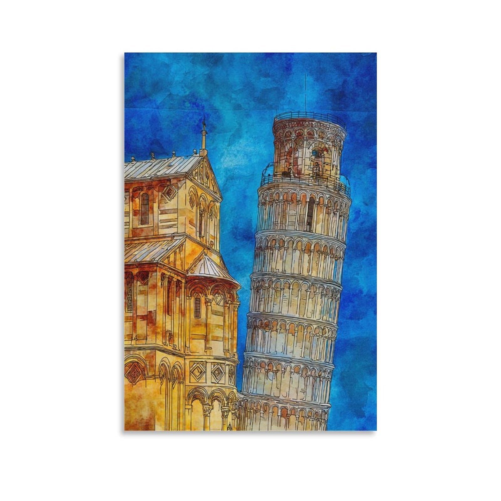 Lcynnh Unframe-Style Pisa Italy Leaning Tower Of Pisa 20X30inch(50X75cm) Vintage Travel Poster Watercolor Canvas Art