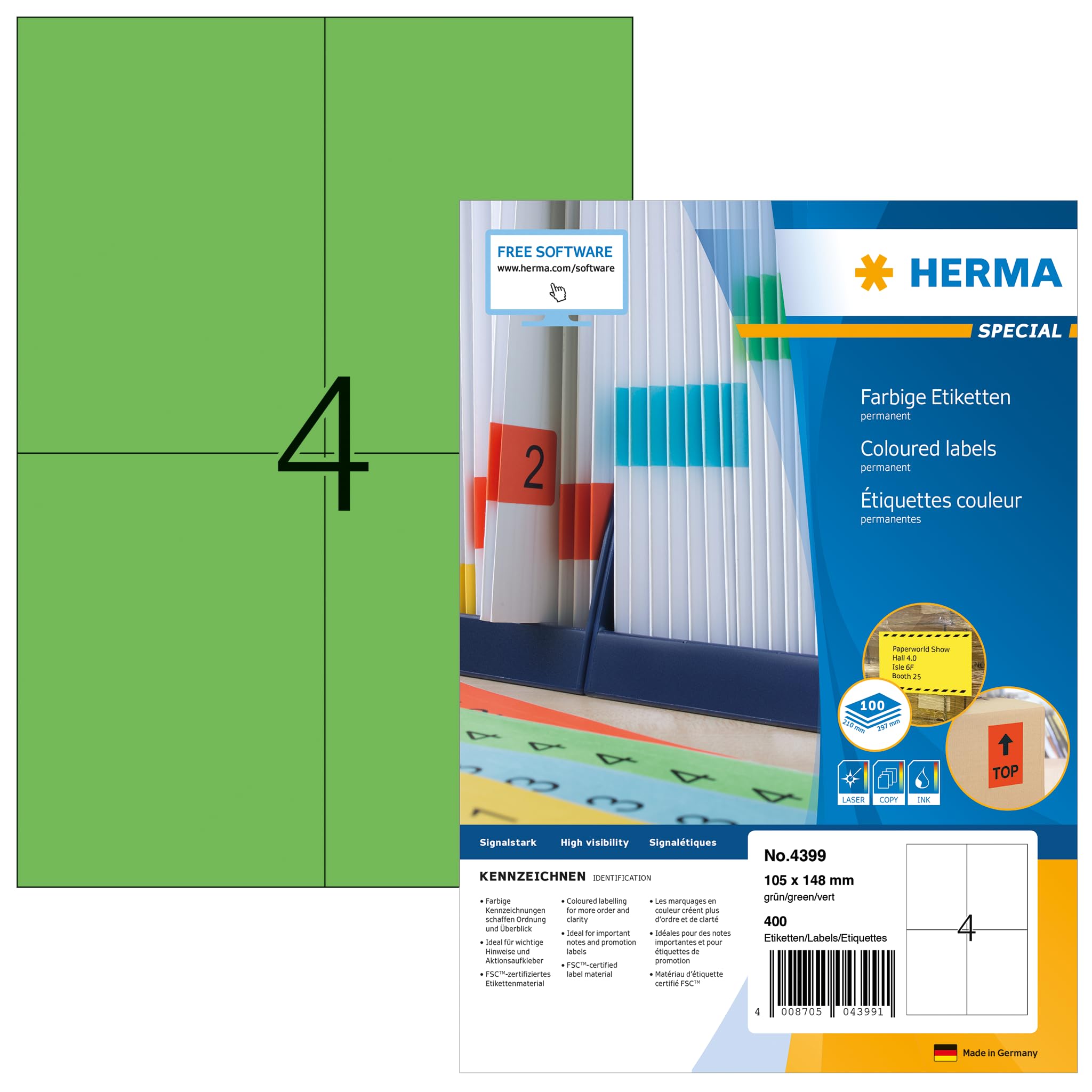 HERMA Self Adhesive Coloured Labels, 4 Labels per A4 Sheet, 100 Sheets, 105 x 148 mm, 400 Labels, Blank Colour Labels Stickers, Sticky Labels for Laser & Inkjet Printer, Grün
