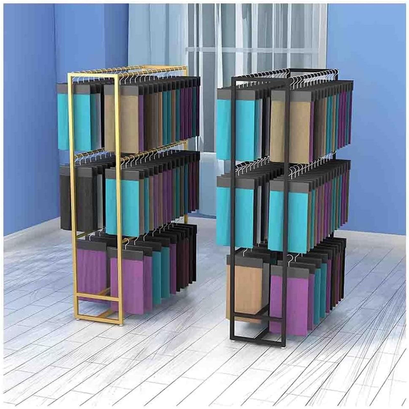 Présentoir commercial double face en métal pour courtepointes, organisateur de rangement sur pied pour la vente au détail, étagère textile à 2 niveaux pour courtepointes, literie, serviettes