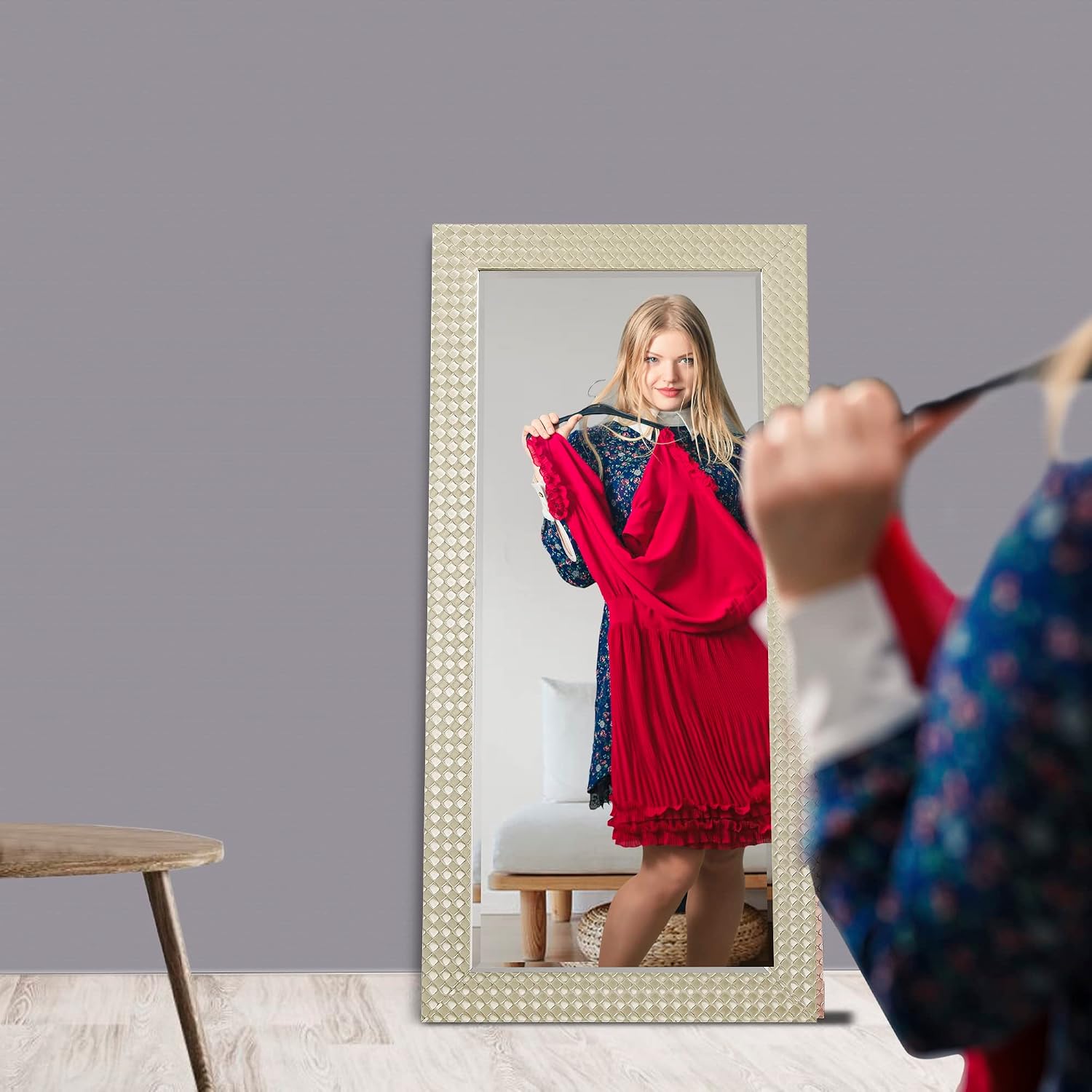 Naomi Home Brenda Glam Beaded Framed Leaner Mirror Beaded Full Length Mirror Wooden Frame Bathroom Mirror 66" x 32" Large Framed Decor Wall/Floor Mirror for Living Room, Entryway, Washroom Glam Gold
