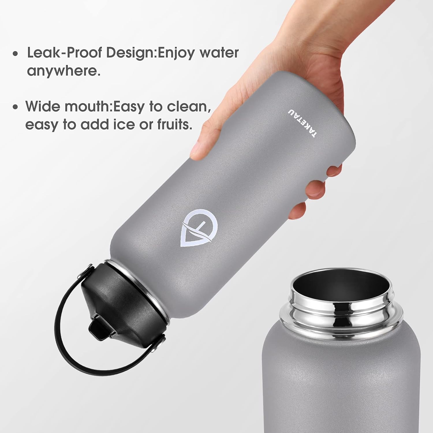TAKETAU Stainless Steel Insulated Water Bottle w/ Straw Lid & Spout Lid, 32 oz Double Wall Vacuum Seal Flask Thermos Wide Mouth Leakproof Thermal Bottles, Keep Drinks Cold or Hot (Gray, 32 Oz): Home & Kitchen