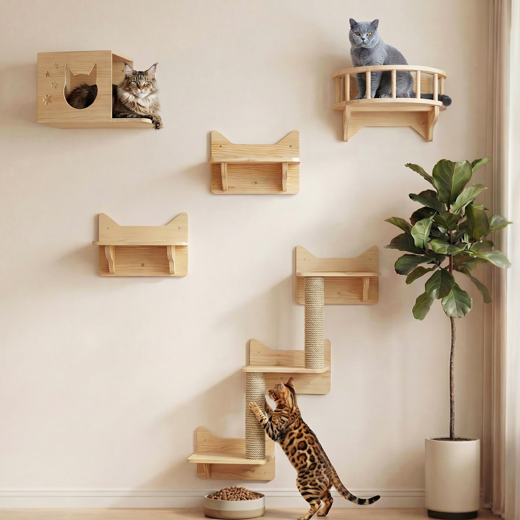 Cat Wall Shelves for Large Cats – 9-Piece Wooden Wall-Mounted Cat Shelves Set, Kitty Climbing System with Perches, Scratching Post & Condo House
