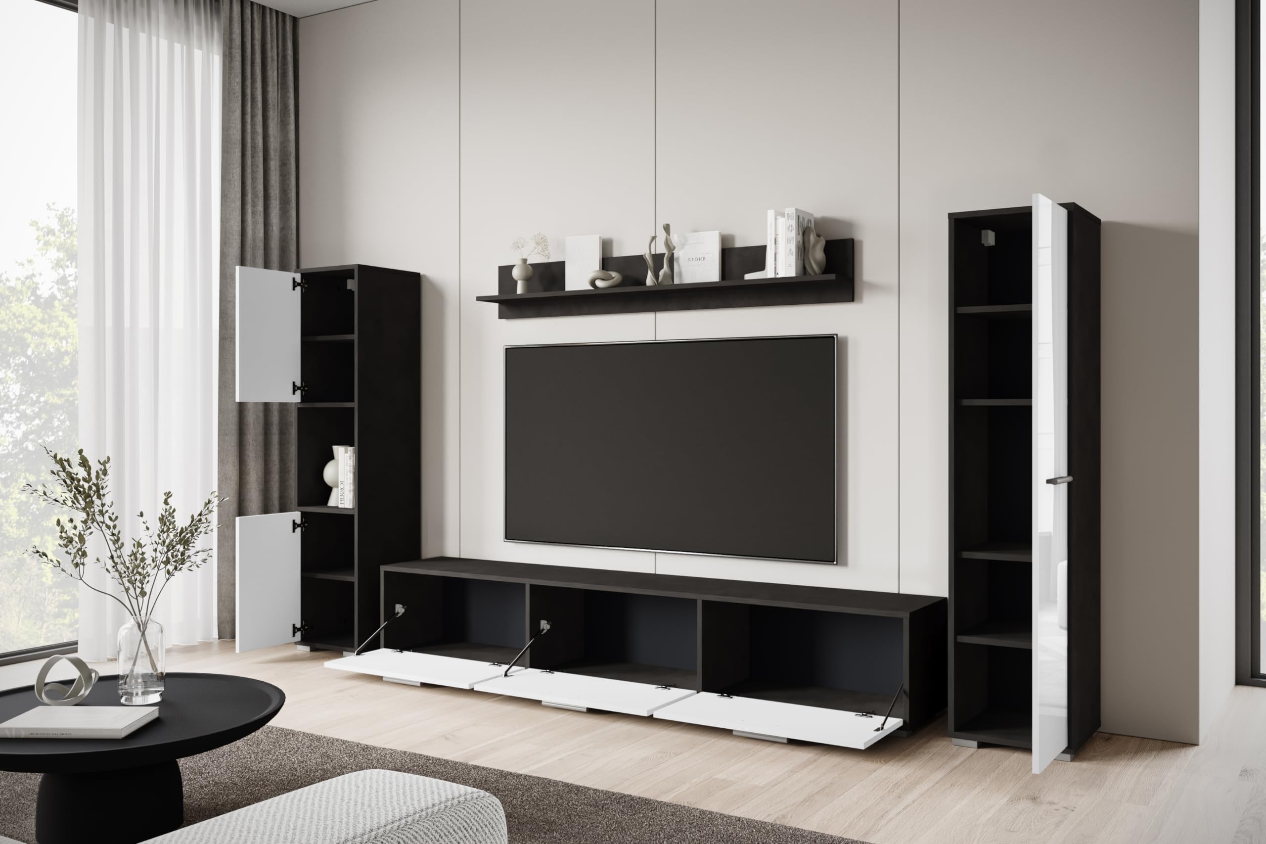 MINIO go for it - Wohnwand Wohnzimmer 4-teilig Toga, Wohnzimmer Möbel Set, 1x TV Lowboard, 2X Hochschrank, 1x Wandboard, Wohnzimmermöbel Komplett, Wohnzimmer Set - Farbe Matera/Weiss Hochglanz