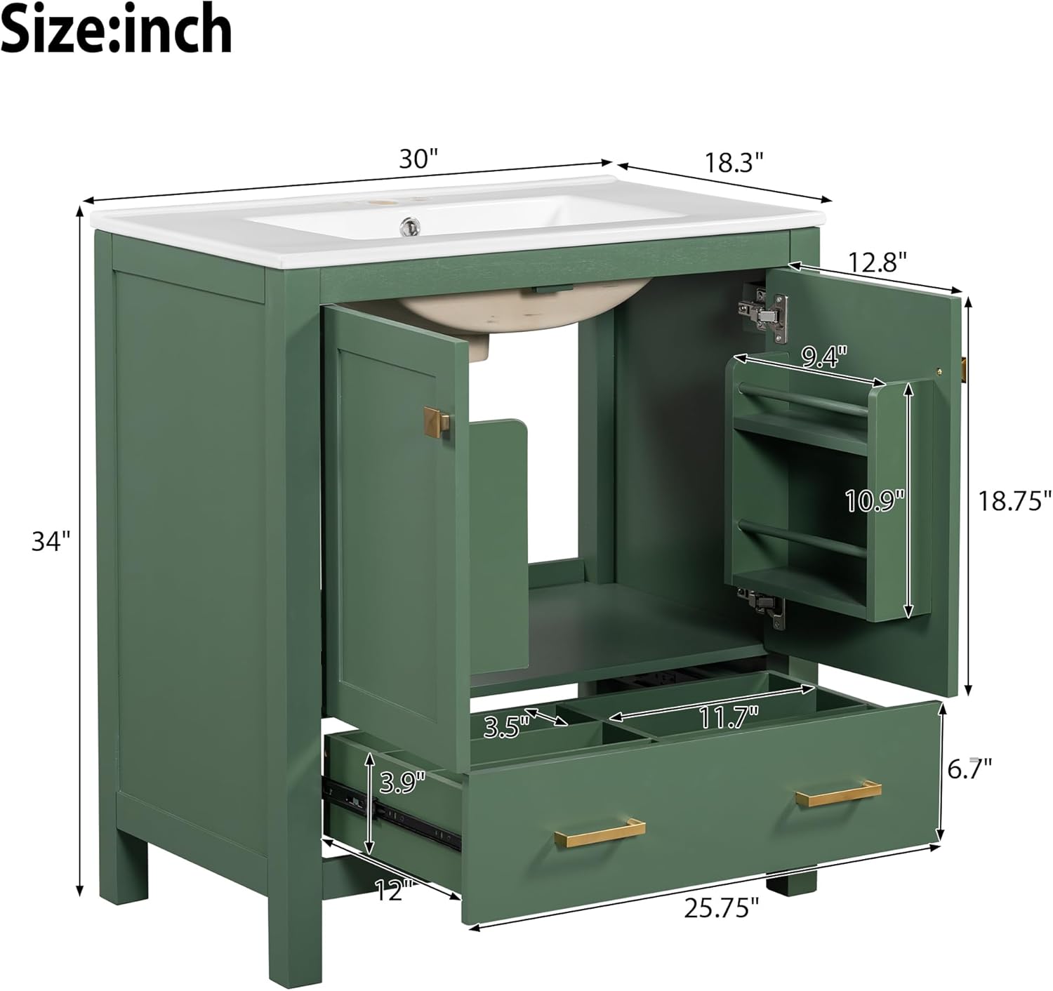Merax 30 in Bathroom Vanity with Sink,1 Large Drawers and 2 Storage Doors,Wood Single Sink Bathroom Vanity,Modern Green Bathroom Vanities Floor Standing with Sink Combo Set