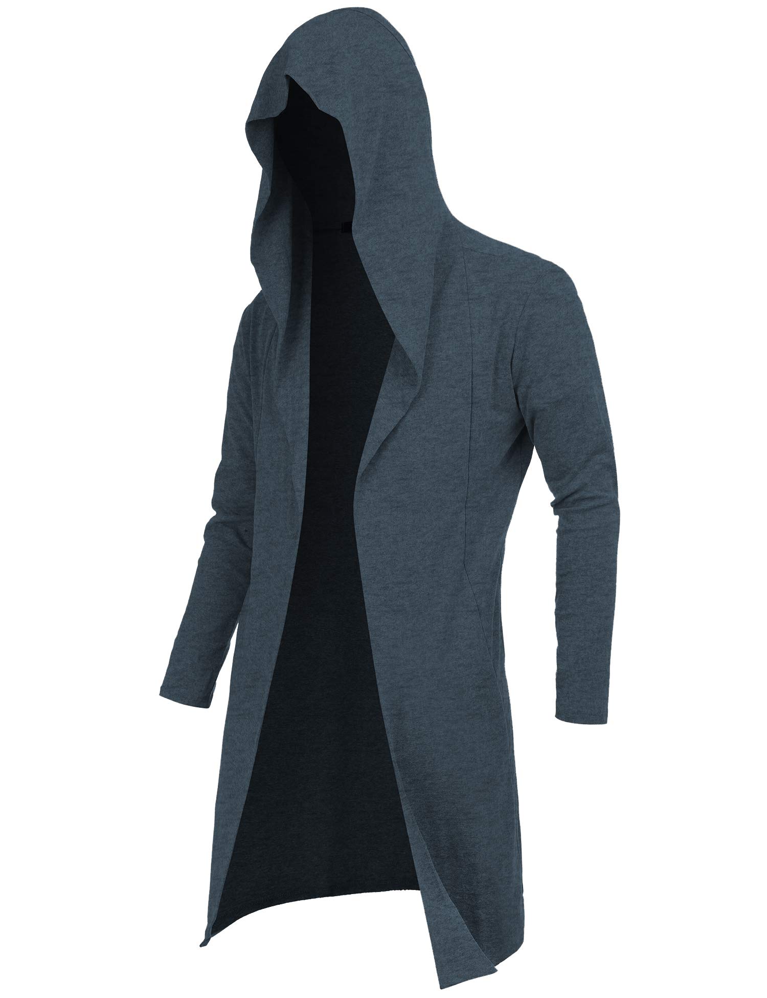 Ragemall Men's Dark Blue Long Cardigan Open Front Draped Lightweight Hooded Sweater With Pockets, S