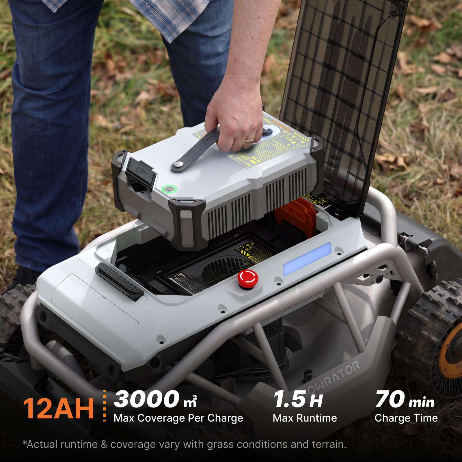 Mowrator Cortacésped con control remoto S1 4WD 56V12Ah, cortacésped multifunción RC con altura de corte de 1.5-4.3 pulgadas, ancho de corte de 21 pulgadas para 75% de pendiente (37°) para cortar 0.75