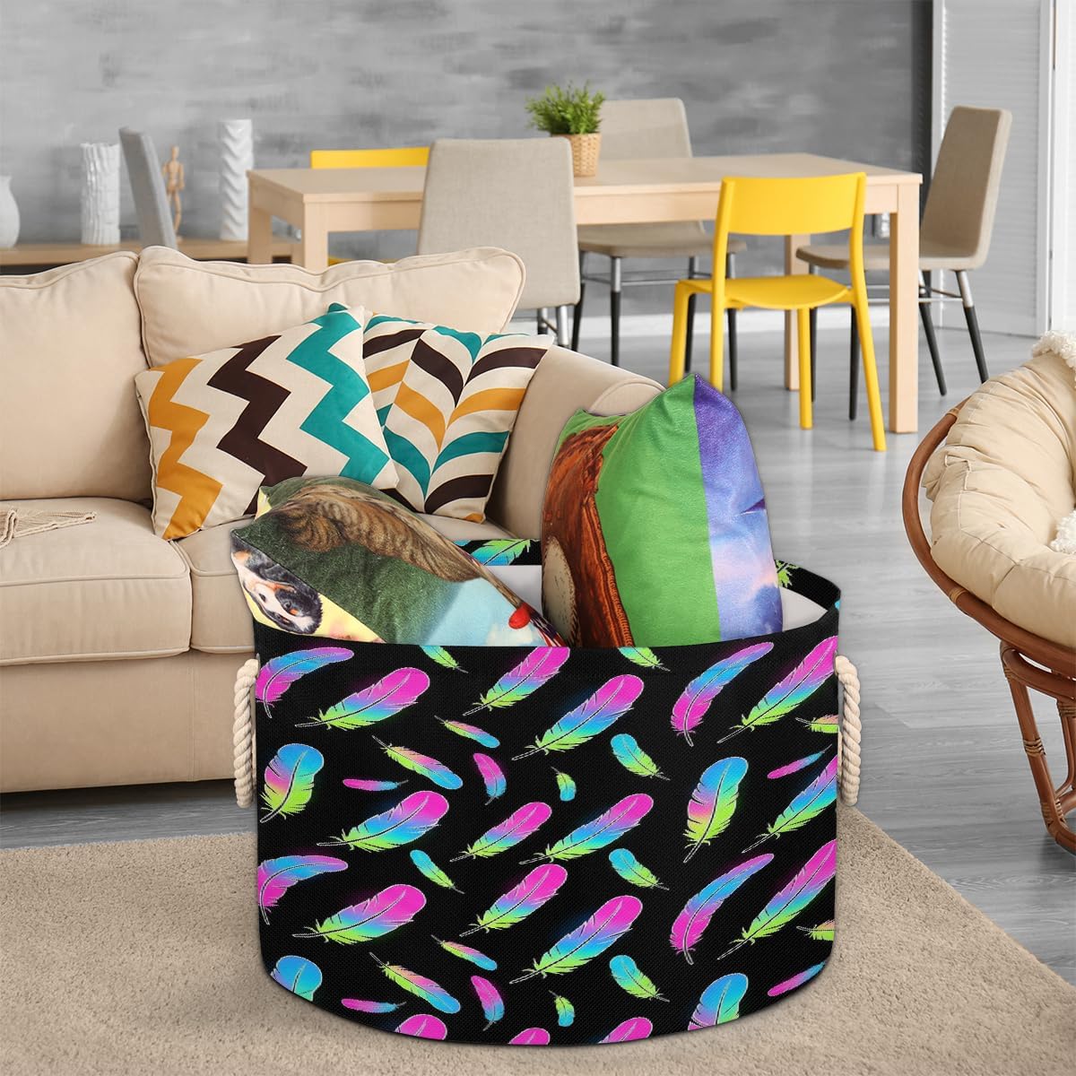 Large Storage Baskets - Rainbow Feather Boho Nursery Round Collapsible Organizer Bin Box, Laundry Hamper for Kids Toys, Blanket, Bedroom Living Room Home Decor, Gift Basket, 19.4"x13.3"