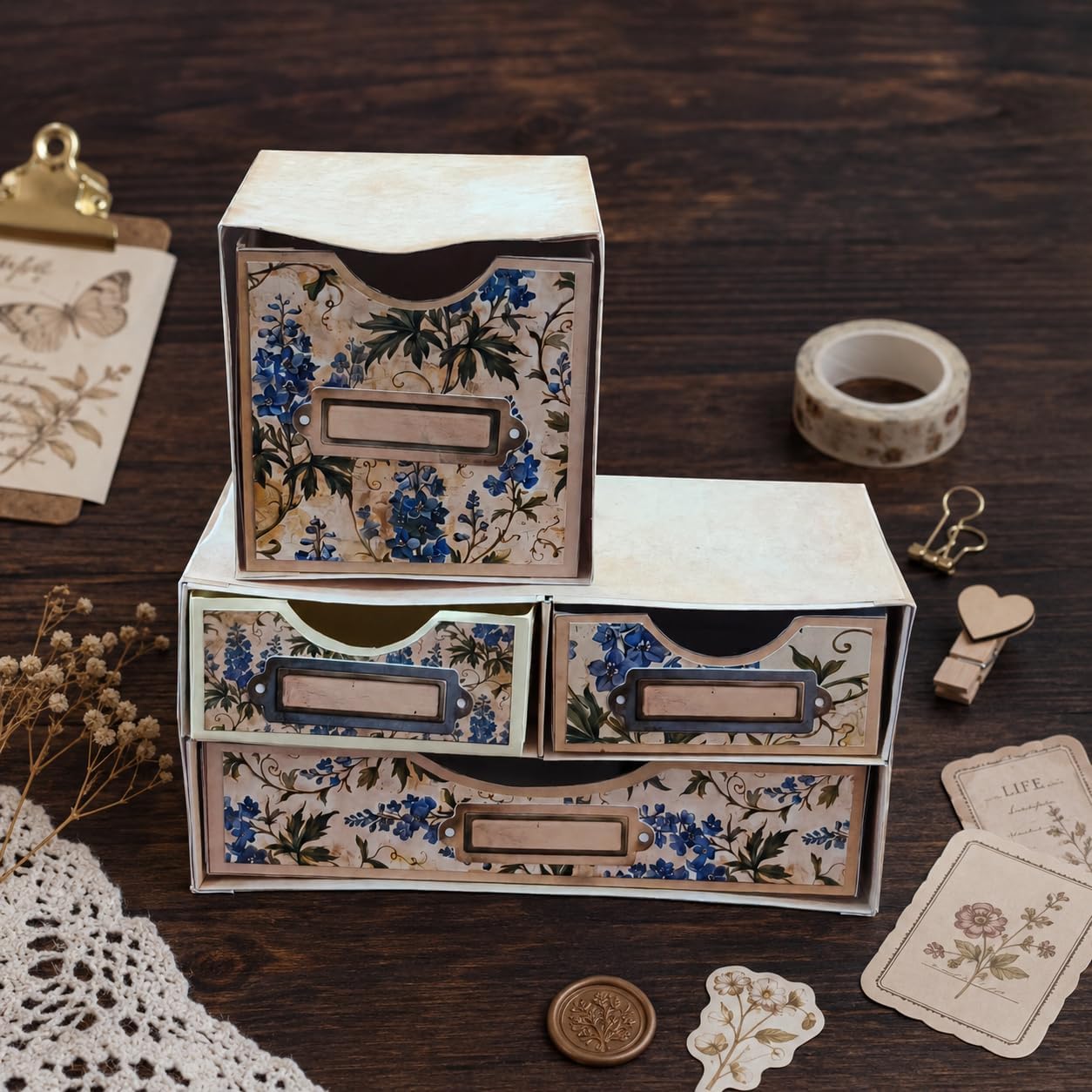 XINPOCUT Blue Larkspur Drawer Folio Junk Journal Kit, Scrapbooking Journal Decor Supplies, Mini Writer Folder Handcraft Accessories for Art Craft Projects, Comes with Video Tutorial